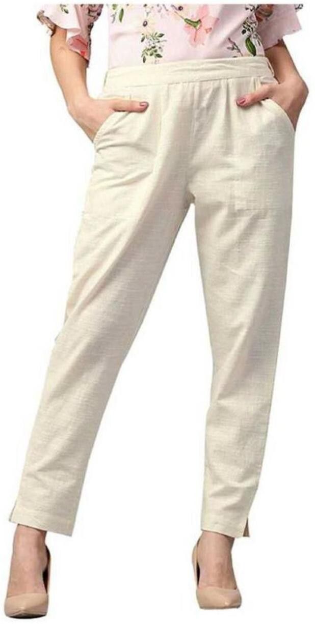 Women Slim Fit White Pure Cotton Trousers-image-3