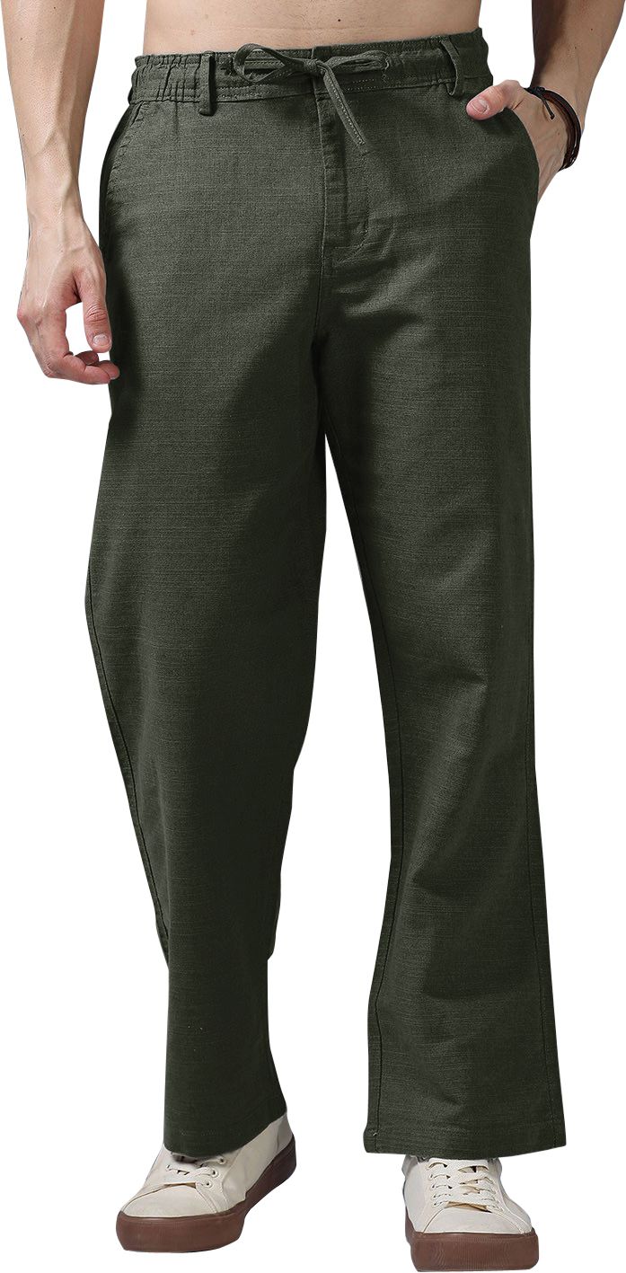 vogaan Men Regular Fit Green Pure Linen Trousers-picture-17