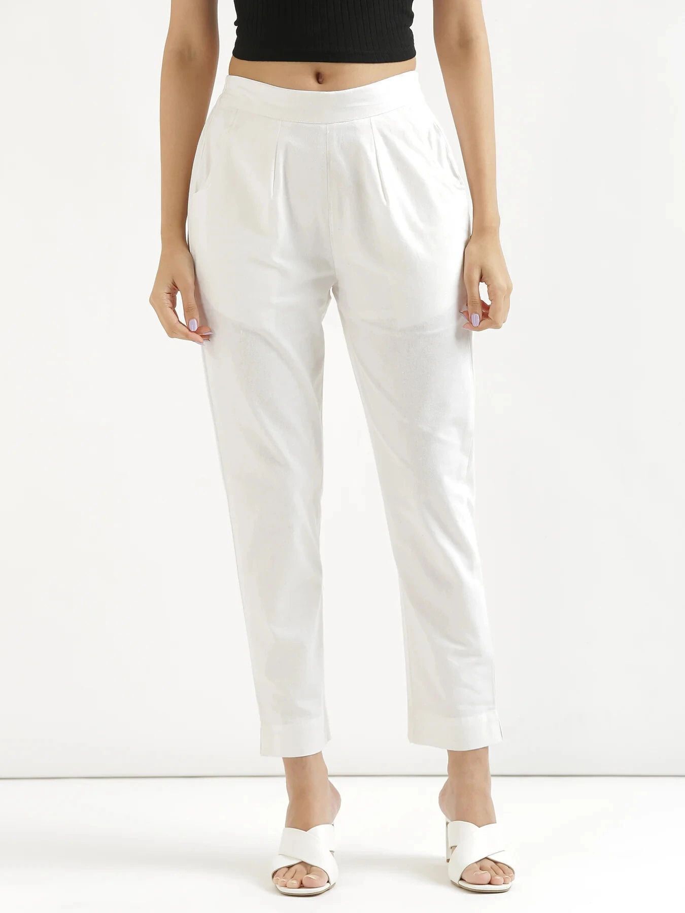 Women Regular Fit White Pure Cotton Trousers-image-39