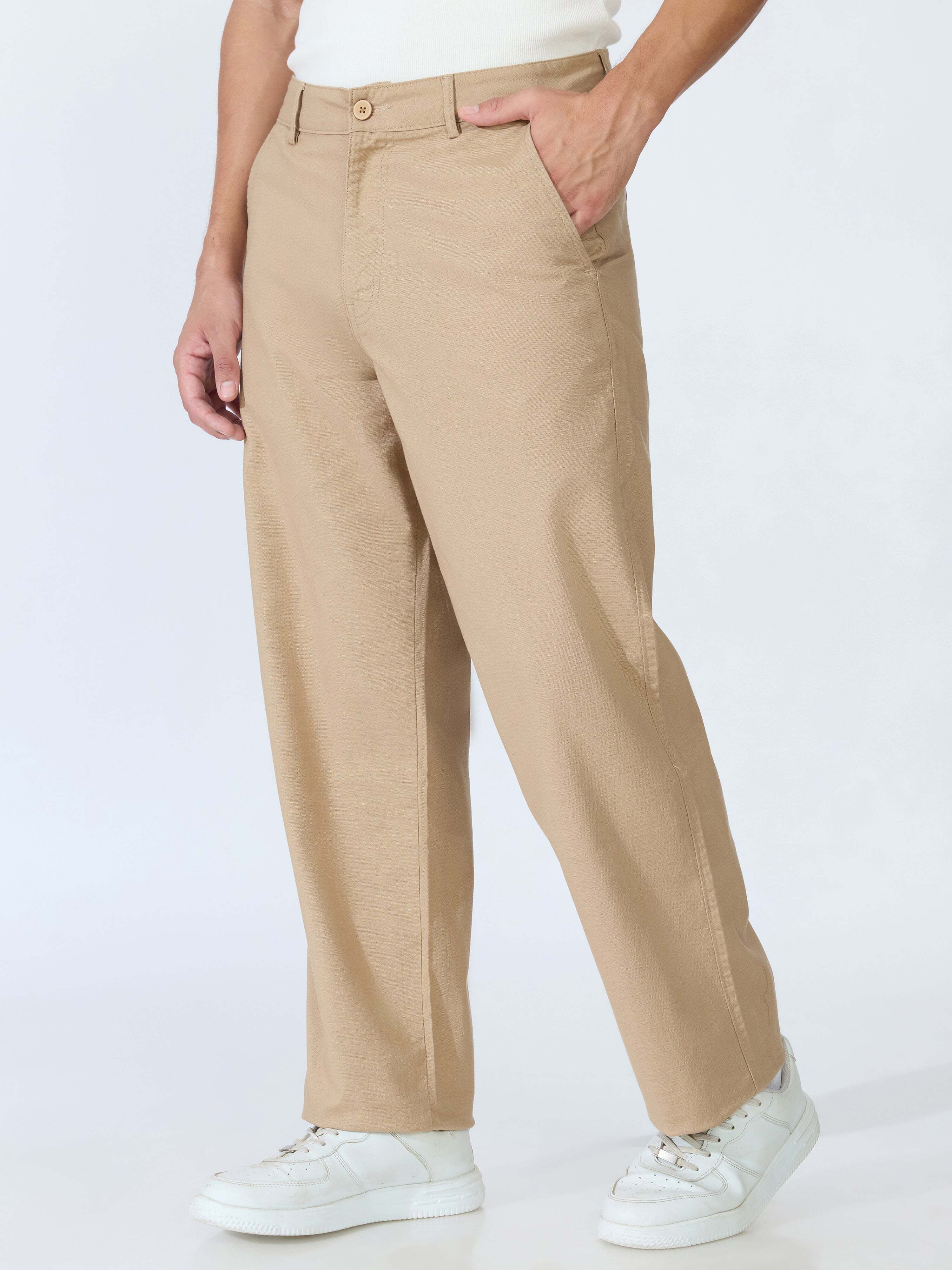 espanshe Men Comfort Fit Khaki Cotton Blend Trousers-picture-3