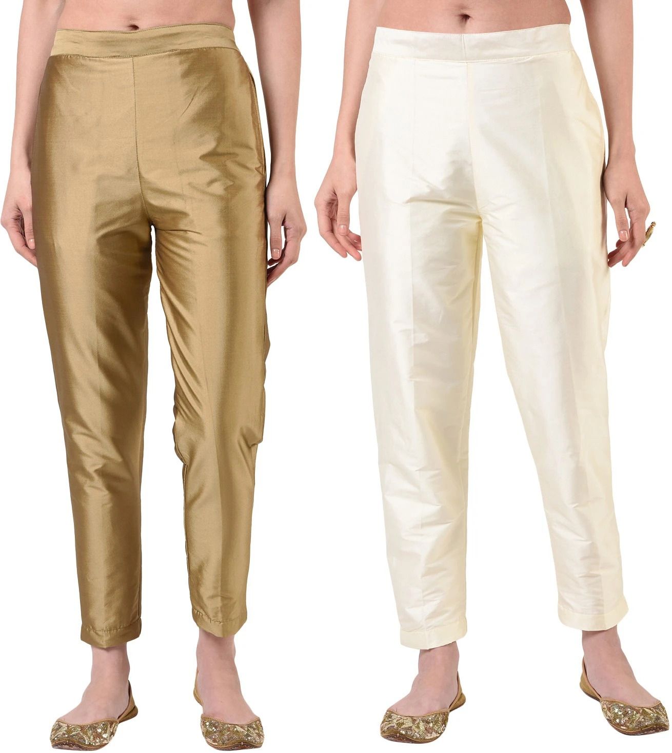 Pack of 2 Women Regular Fit White, Gold Silk Blend Trousers-image-0