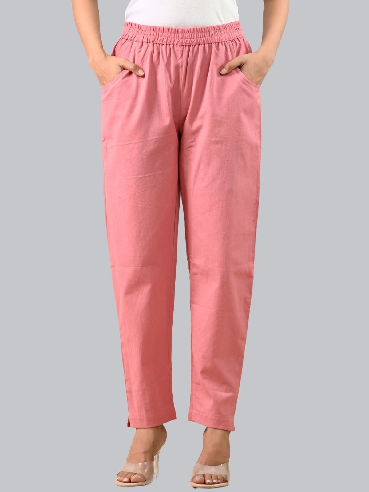 Women Regular Fit Pink Cotton Blend Trousers-image-24