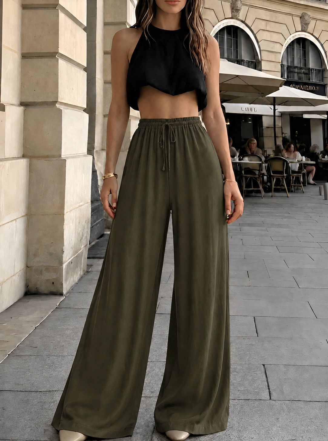 fabflee Women Relaxed Dark Green Cotton Blend Trousers-picture-4