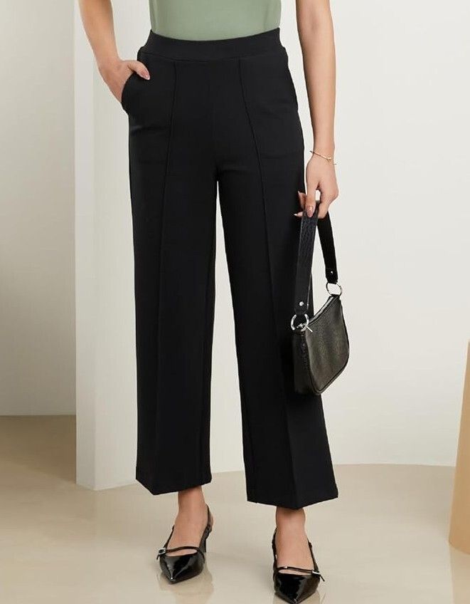 Women Straight Fit Black Viscose Rayon Trousers