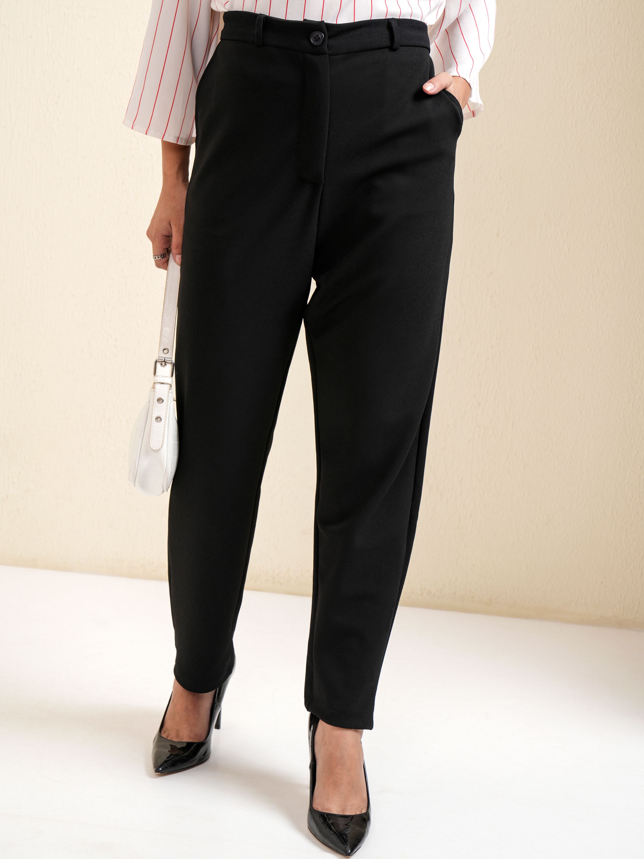 tokyo talkies Women Slim Fit Black Cotton Blend Trousers-picture-20