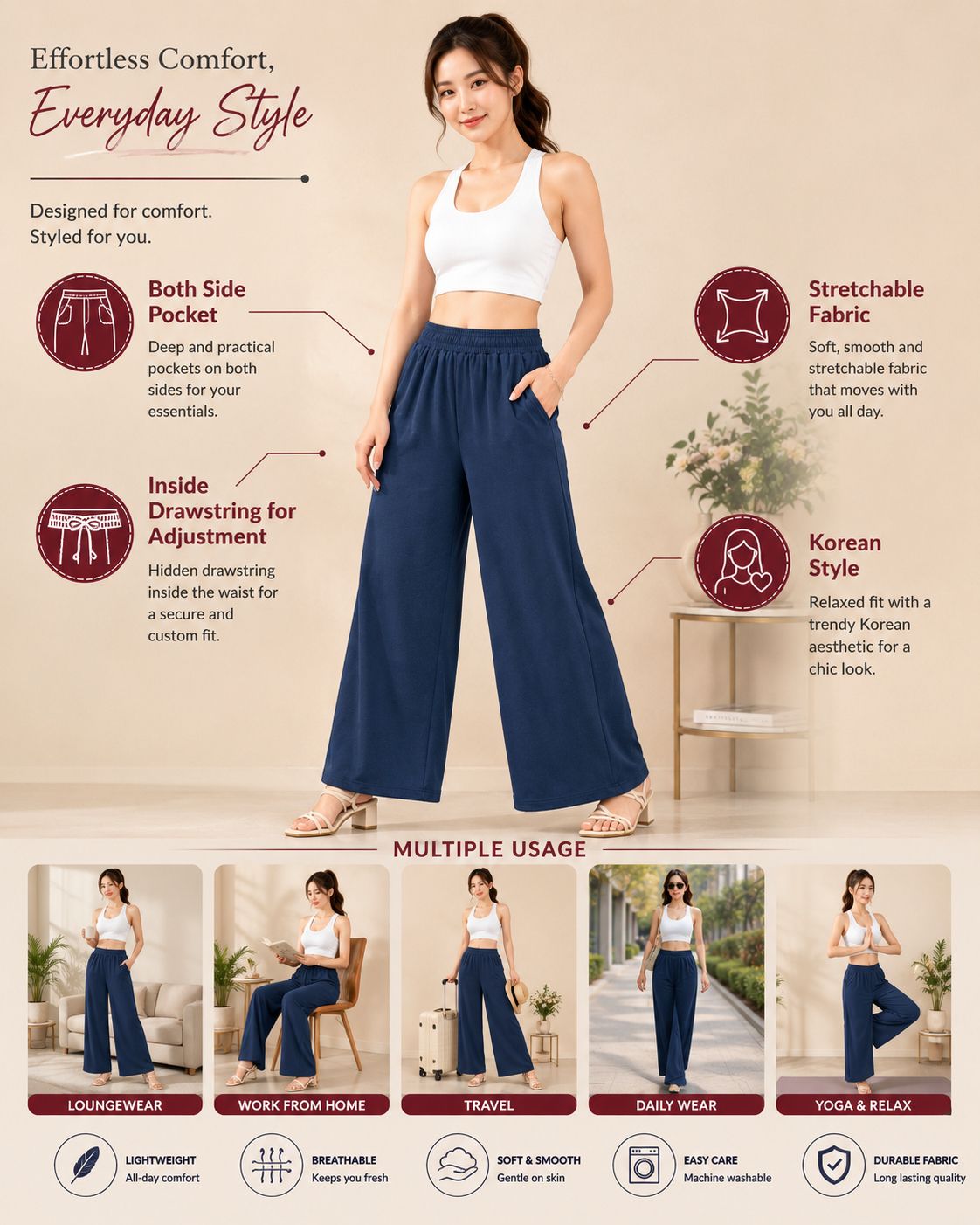 houseofcommon Women Loose Fit Dark Blue Cotton Blend Trousers-picture-37