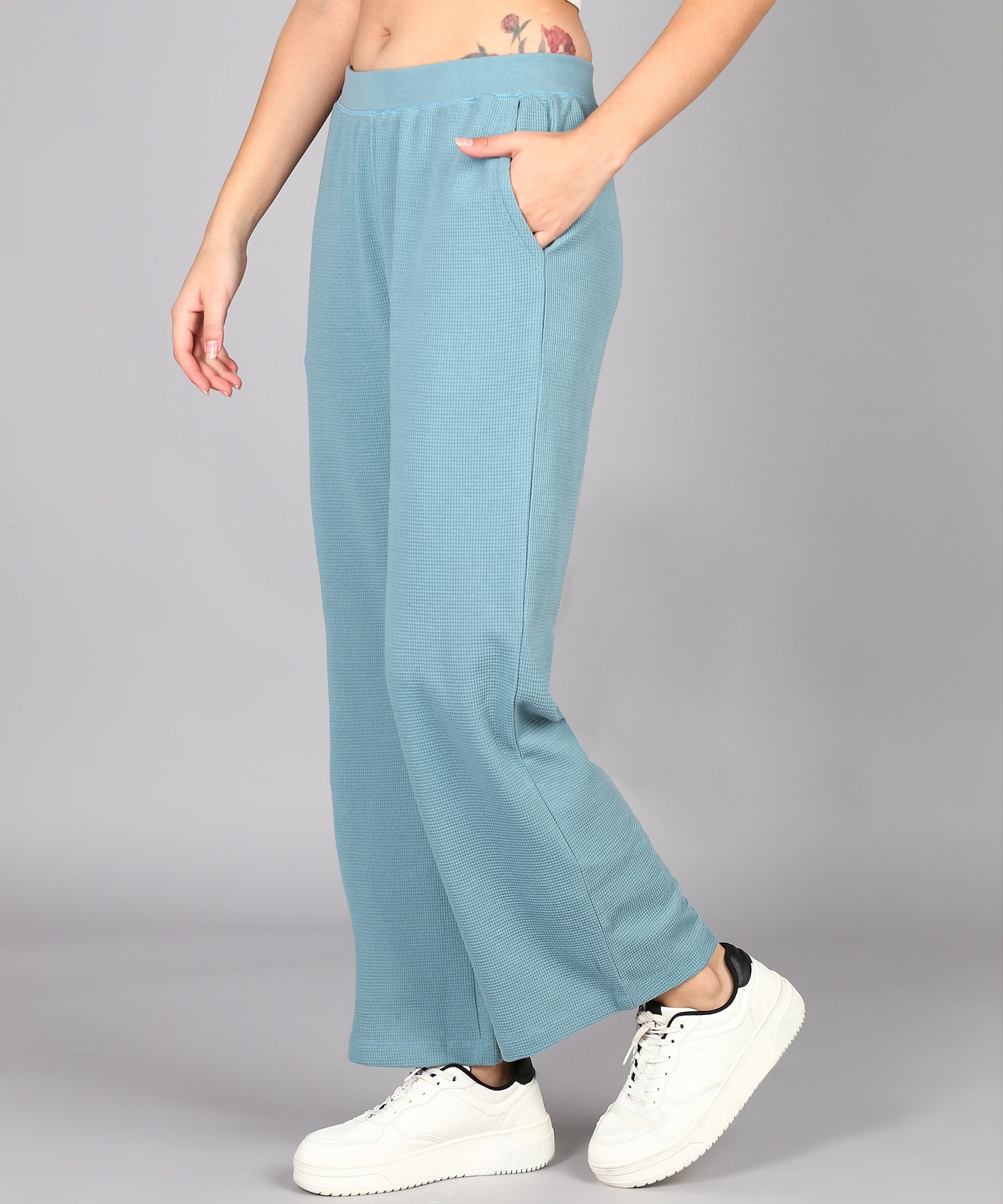 alan jones Women Flared Light Blue Cotton Blend Trousers-picture-24