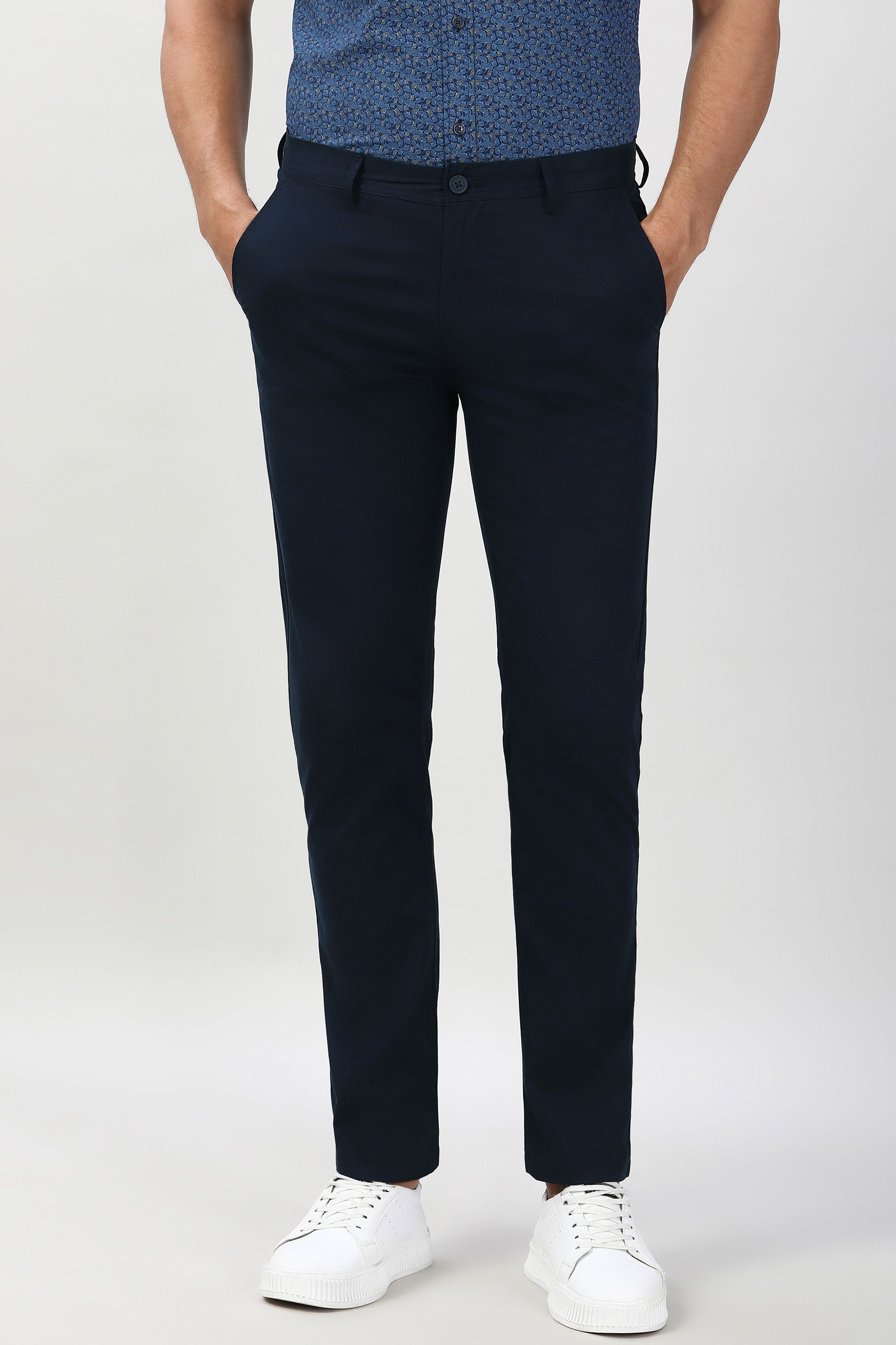 peter england Men Slim Fit Dark Blue Pure Cotton Trousers-picture-23
