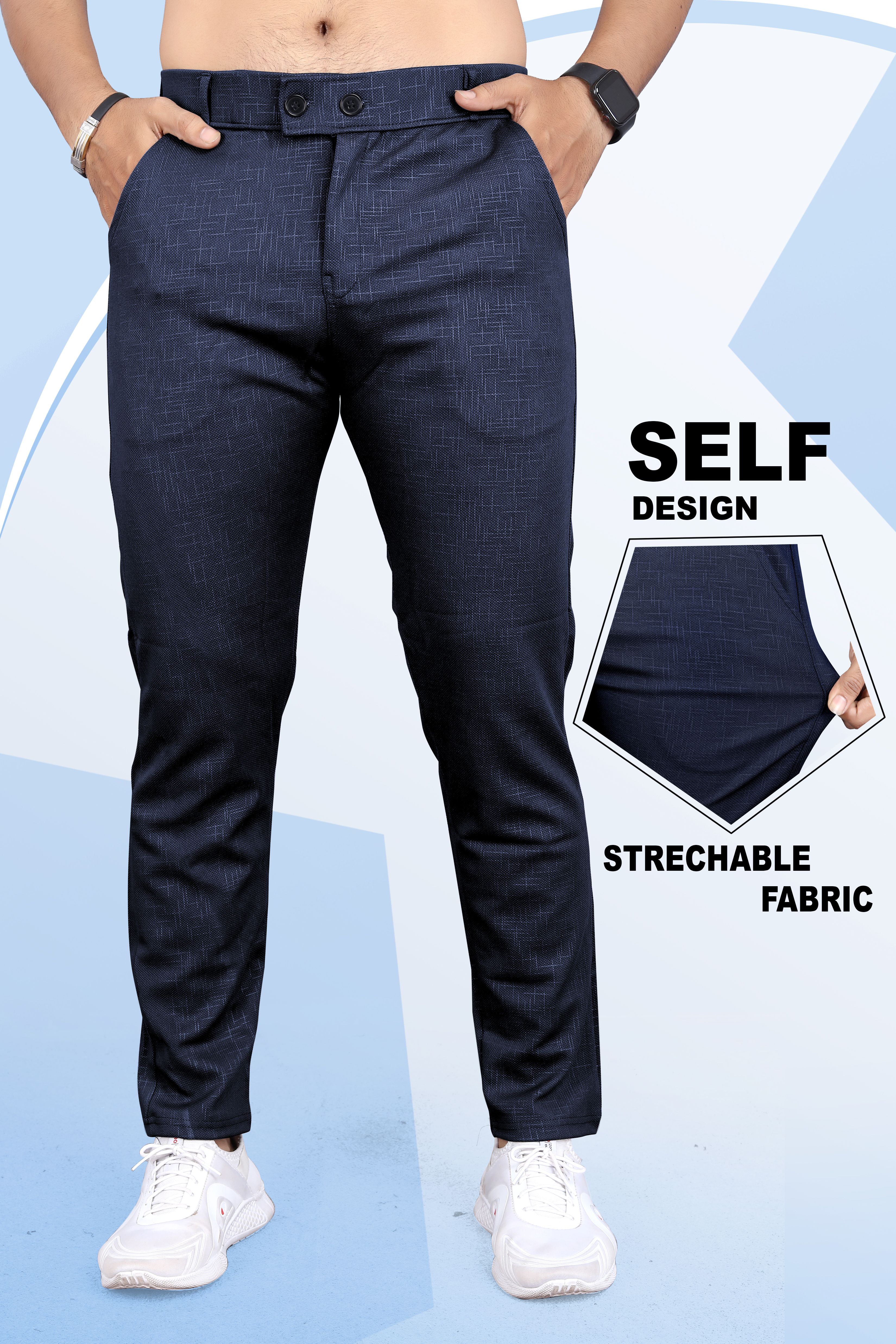 Men Slim Fit Dark Blue Linen Blend Trousers