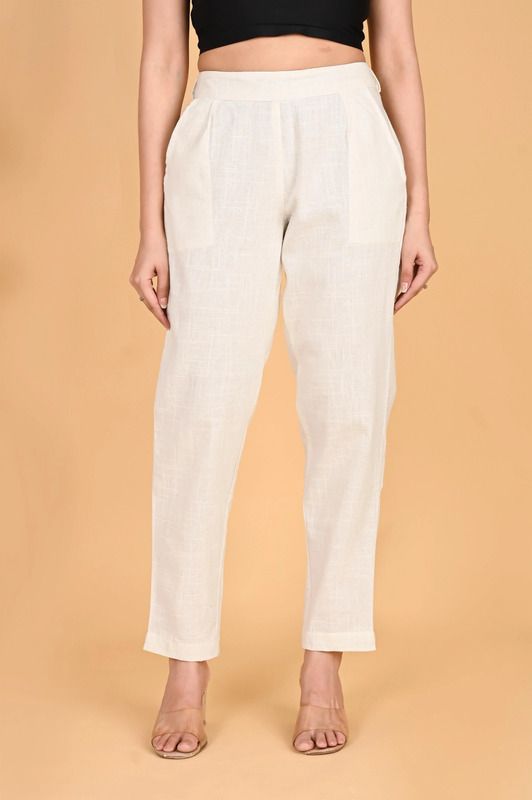 moirai Women Regular Fit Cream Pure Cotton Trousers-picture-20
