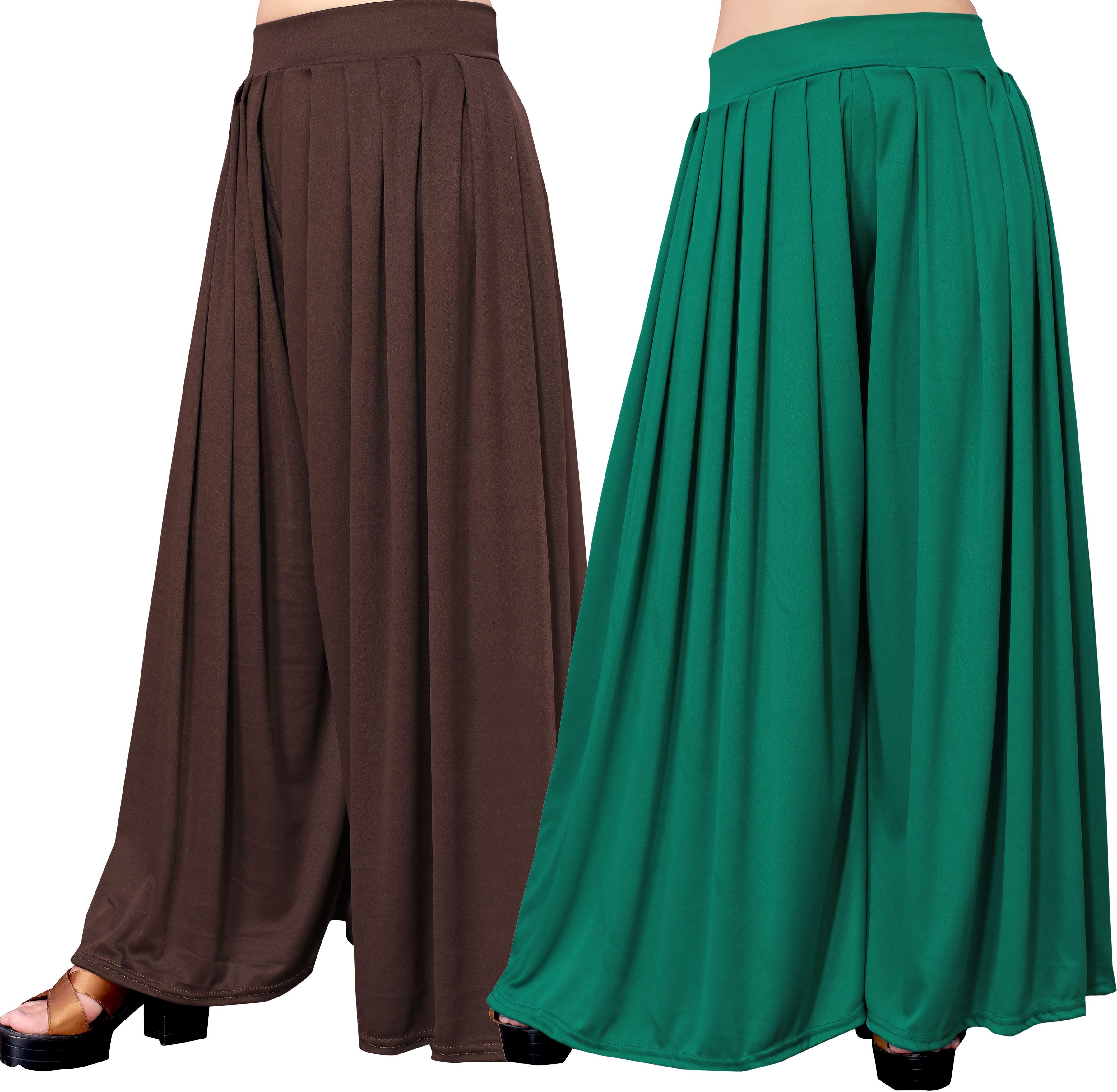 anti wrinkle designer Pack of 2 Women Flared Brown, Green Lycra Blend Trousers-picture-25