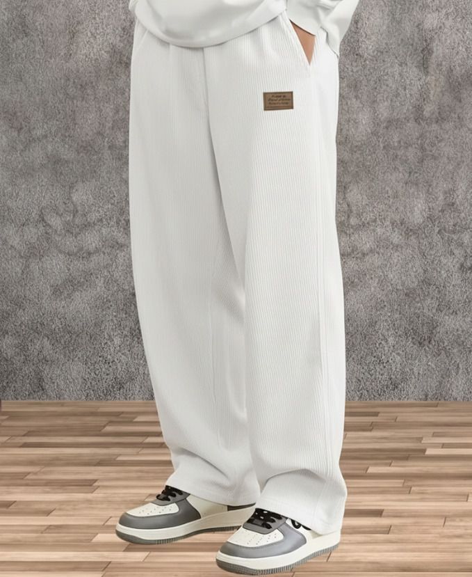 jexputi Men Loose Fit White Corduroy Trousers-picture-24
