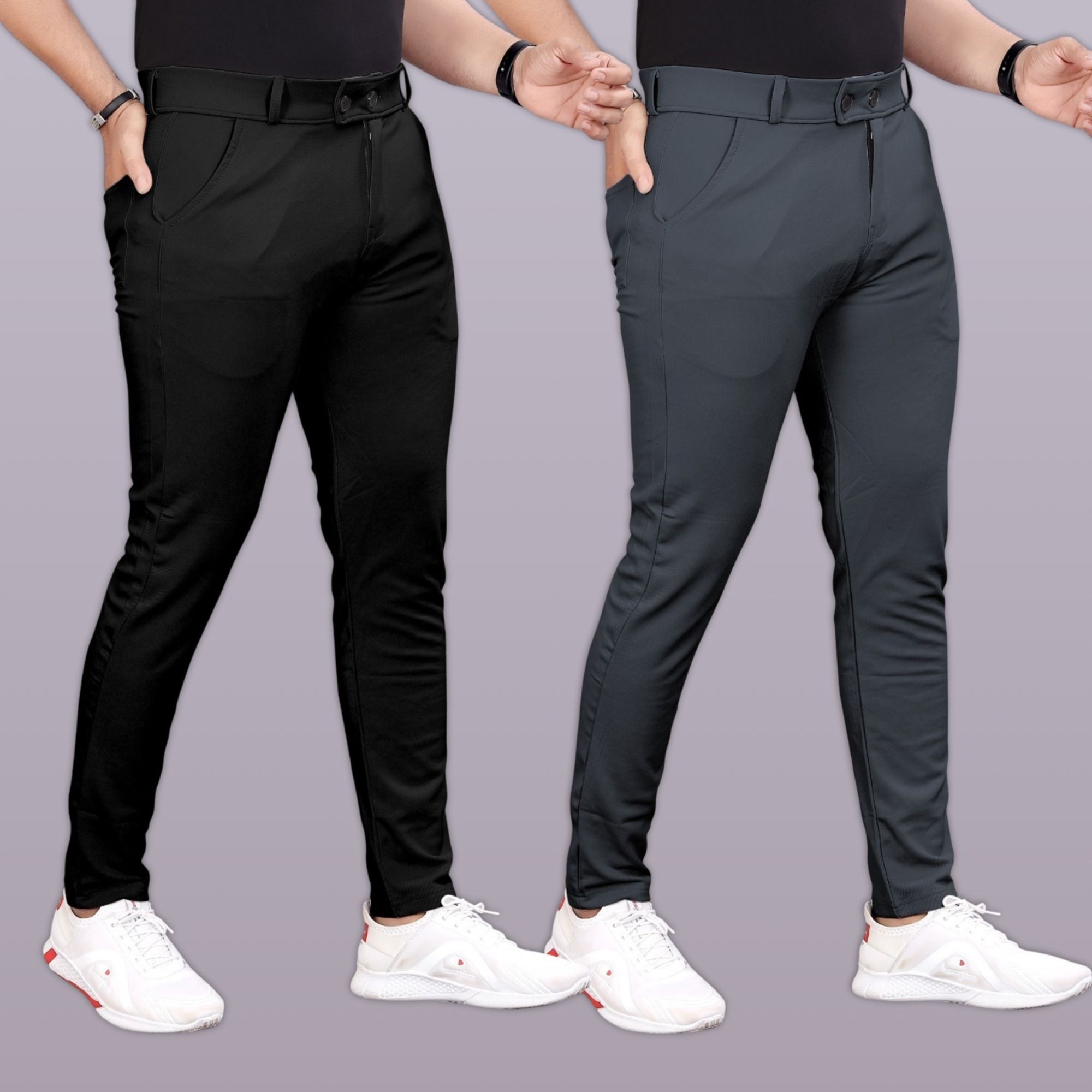 gibbonte Pack of 2 Men Slim Fit Black, Grey Lycra Blend Trousers-picture-20