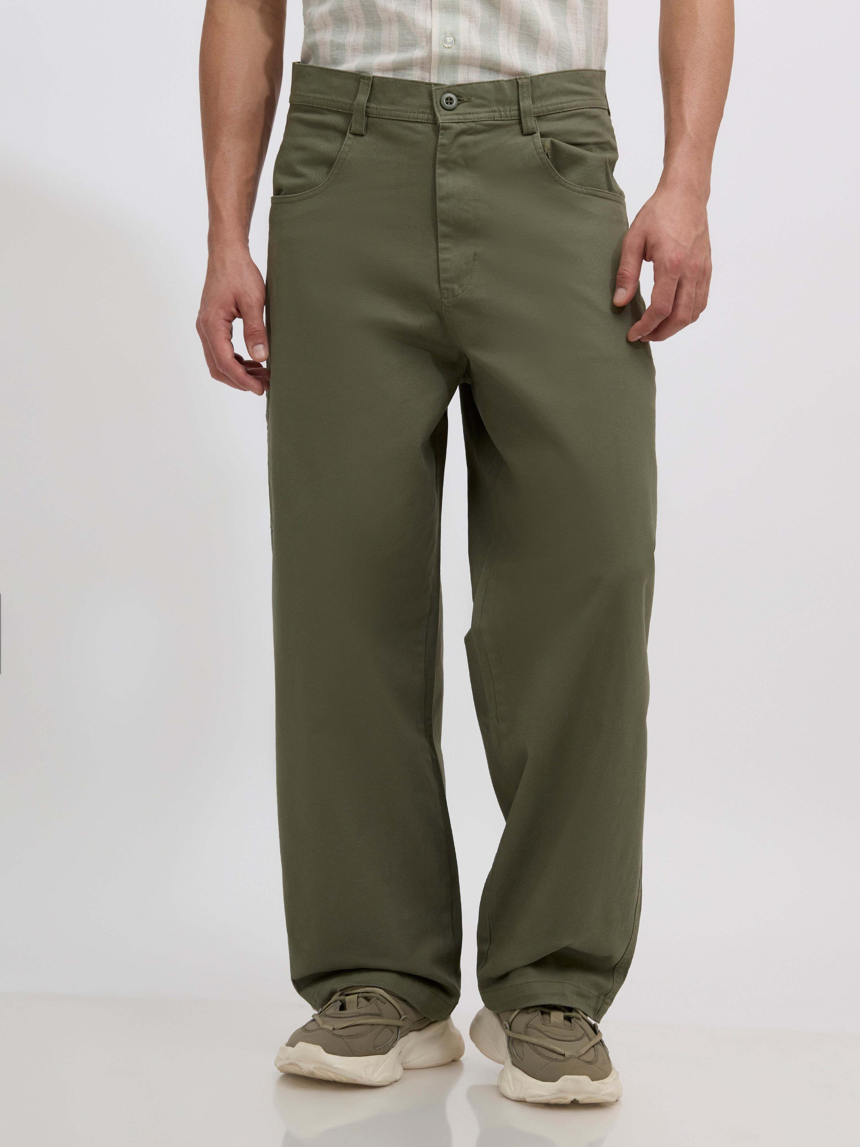 espanshe Men Loose Fit Dark Green Cotton Blend Trousers-picture-26