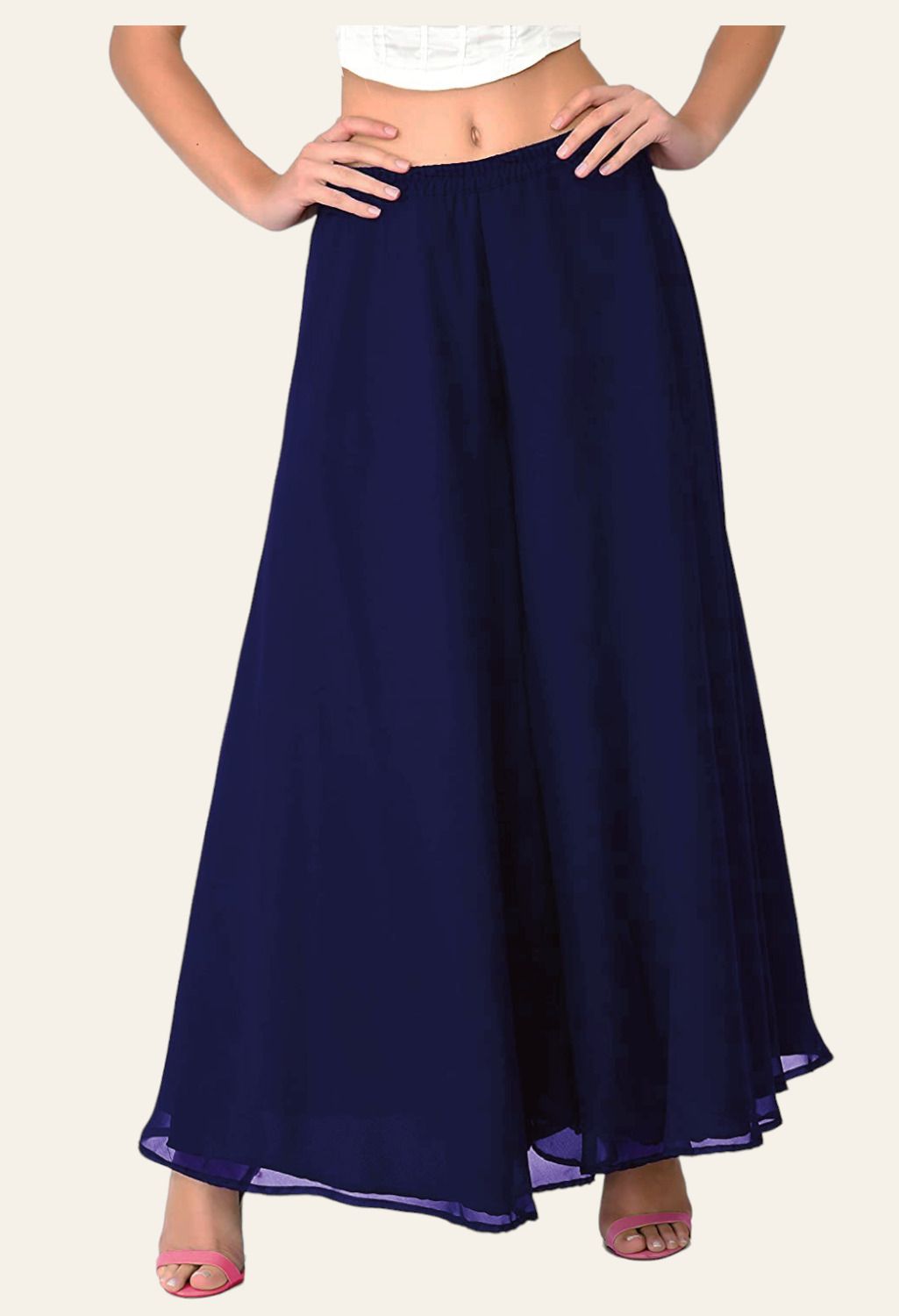 Women Relaxed Dark Blue Georgette Trousers-image-1