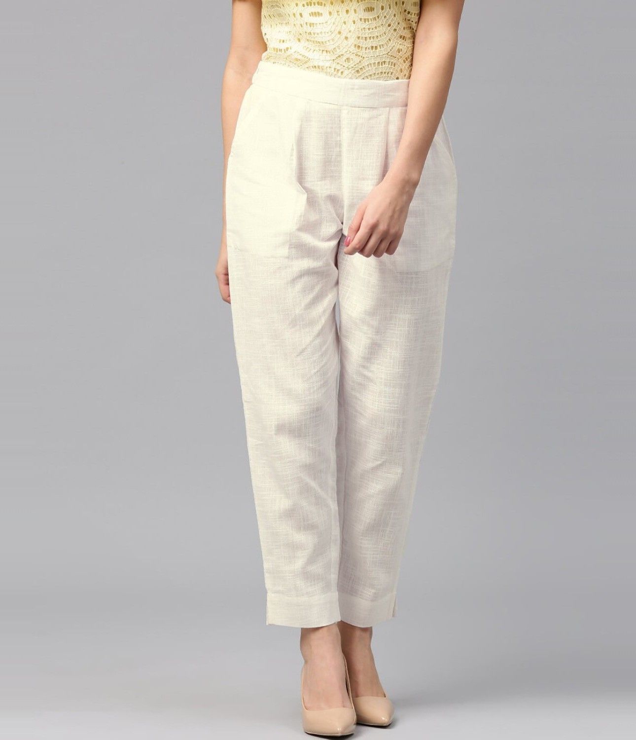Women Regular Fit White Cotton Blend Trousers-image-40
