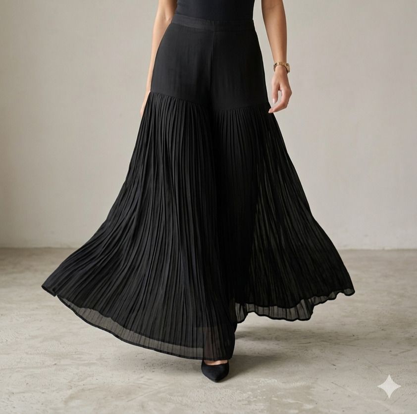 Women Flared Black Georgette Trousers-image-0