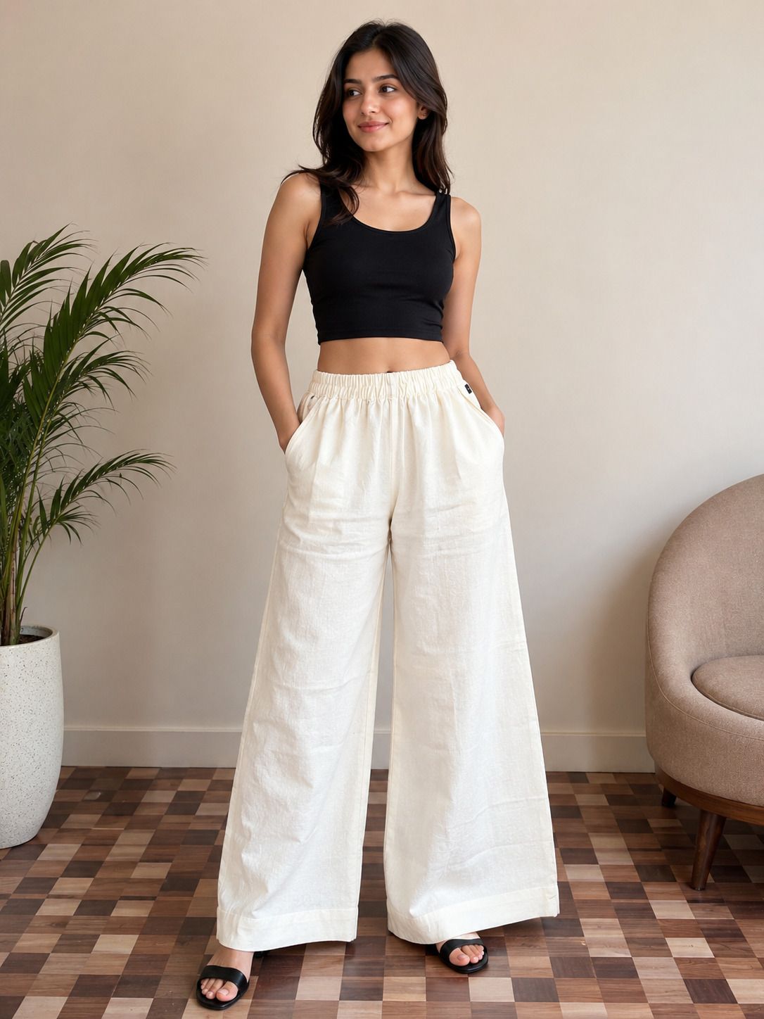 Women Loose Fit White Pure Linen Trousers-image-31