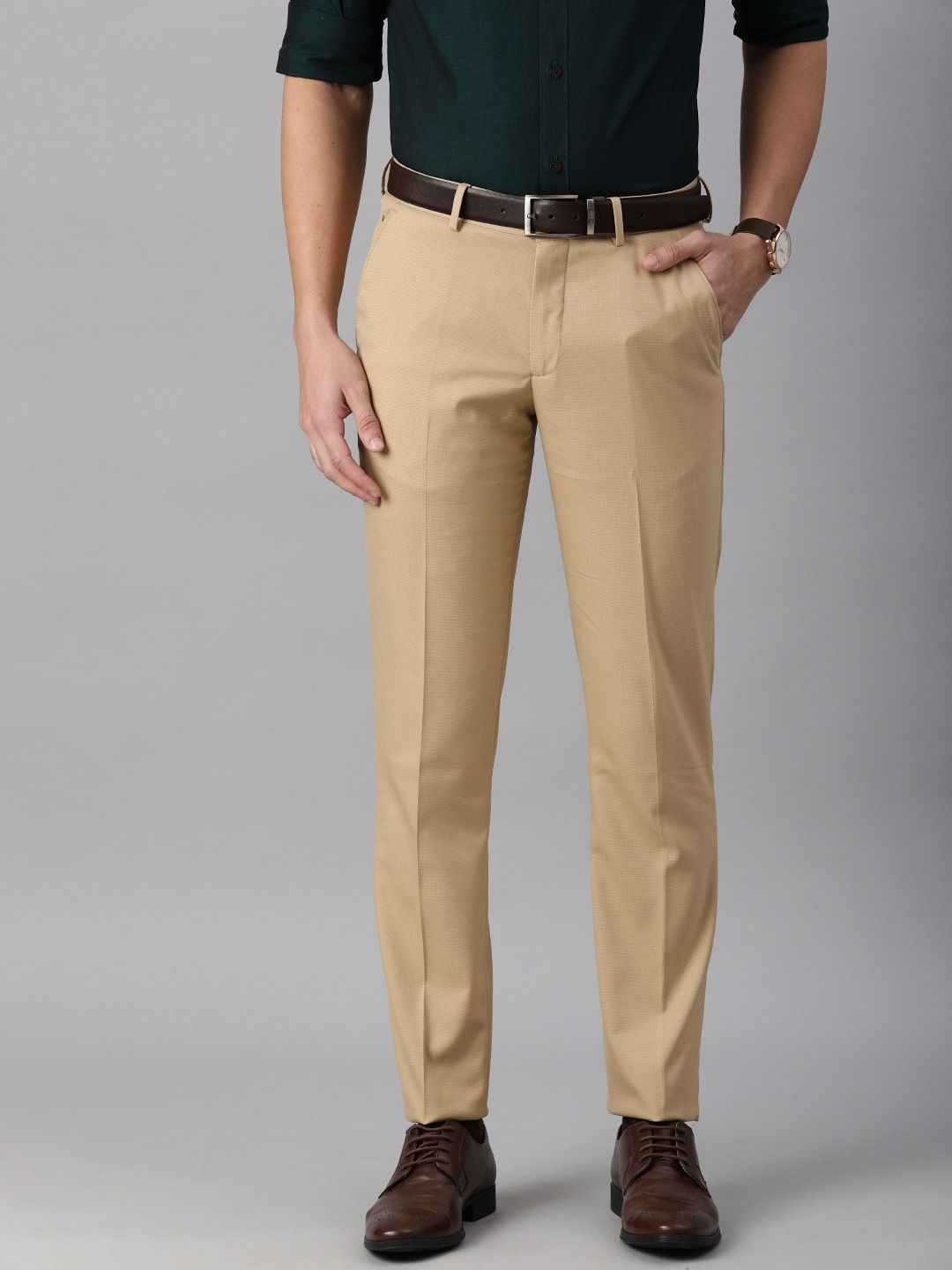 louis philippe Men Slim Fit Beige Cotton Blend Trousers-picture-25