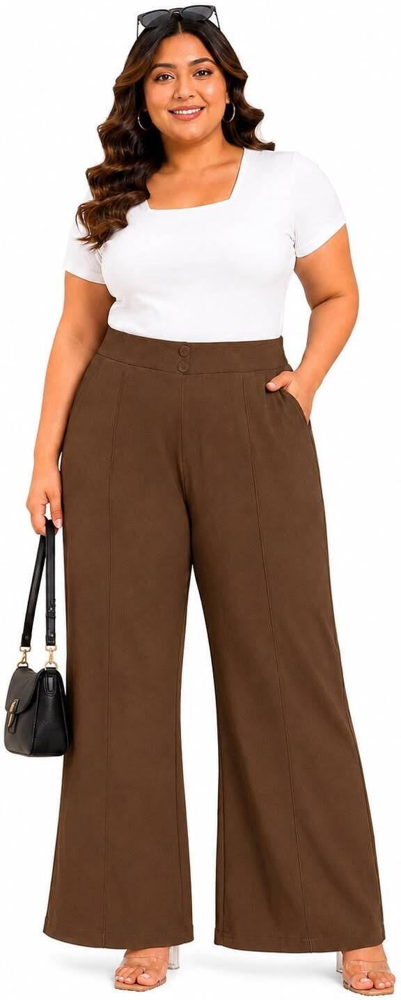 Women Flared Brown Polycotton Trousers-image-48