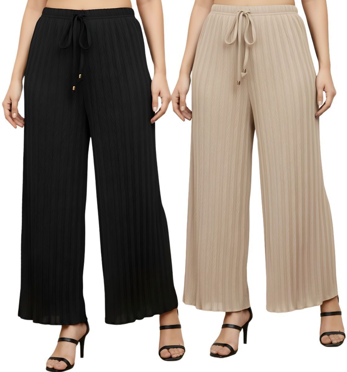 Pack of 2 Women Comfort Fit Black, Beige Lycra Blend Trousers