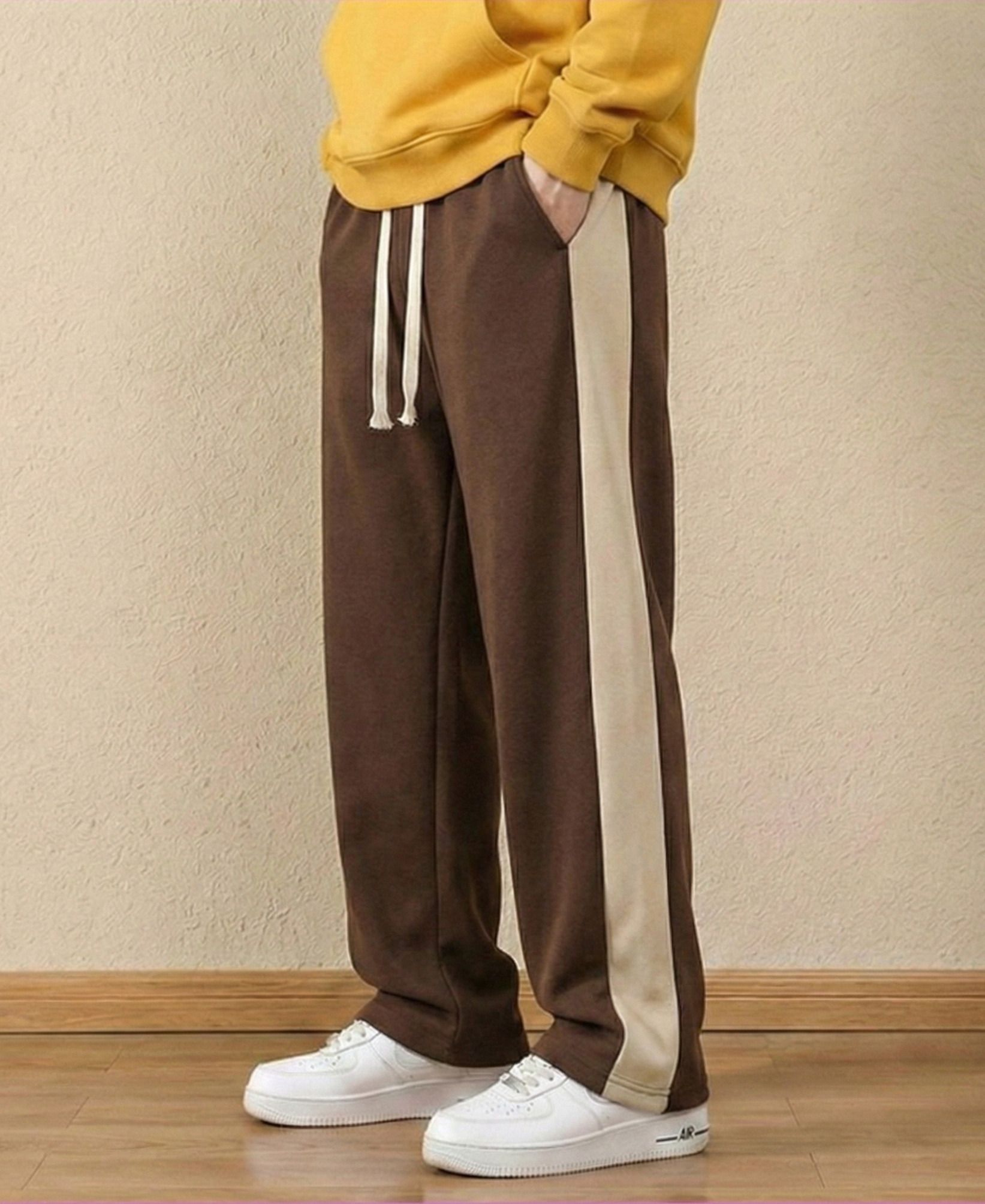Men Relaxed, Loose Fit Brown, Cream Lycra Blend Trousers-image-28