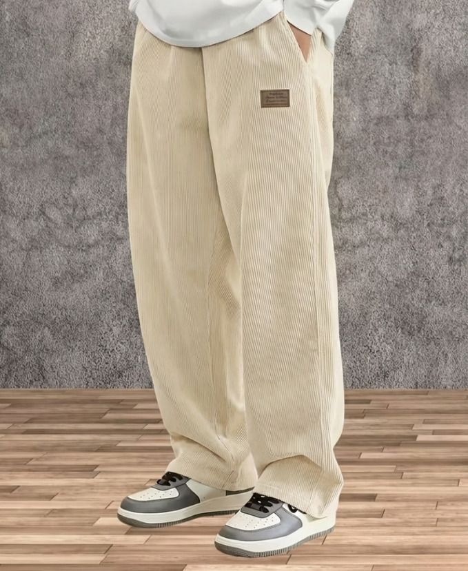 jexputi Men Loose Fit Cream Corduroy Trousers-picture-21