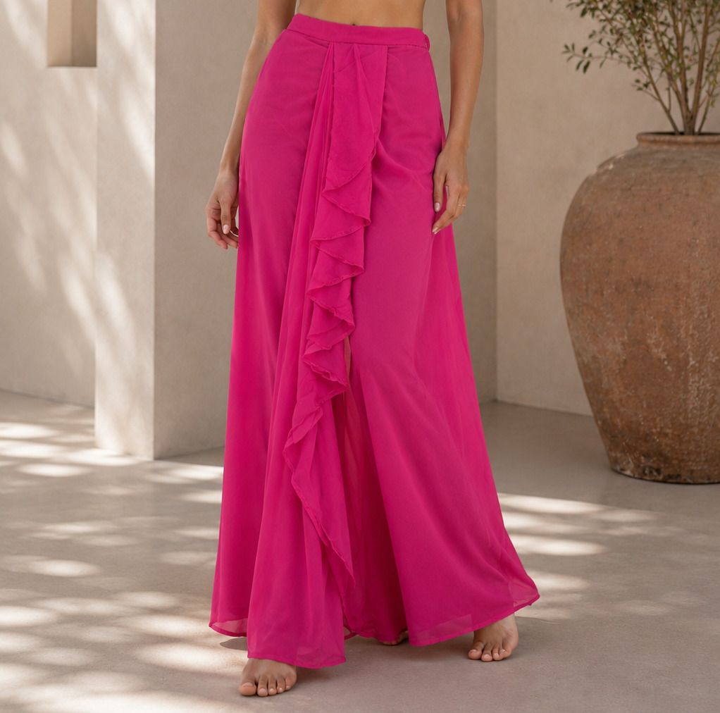 Women Loose Fit Pink Georgette Trousers-image-32