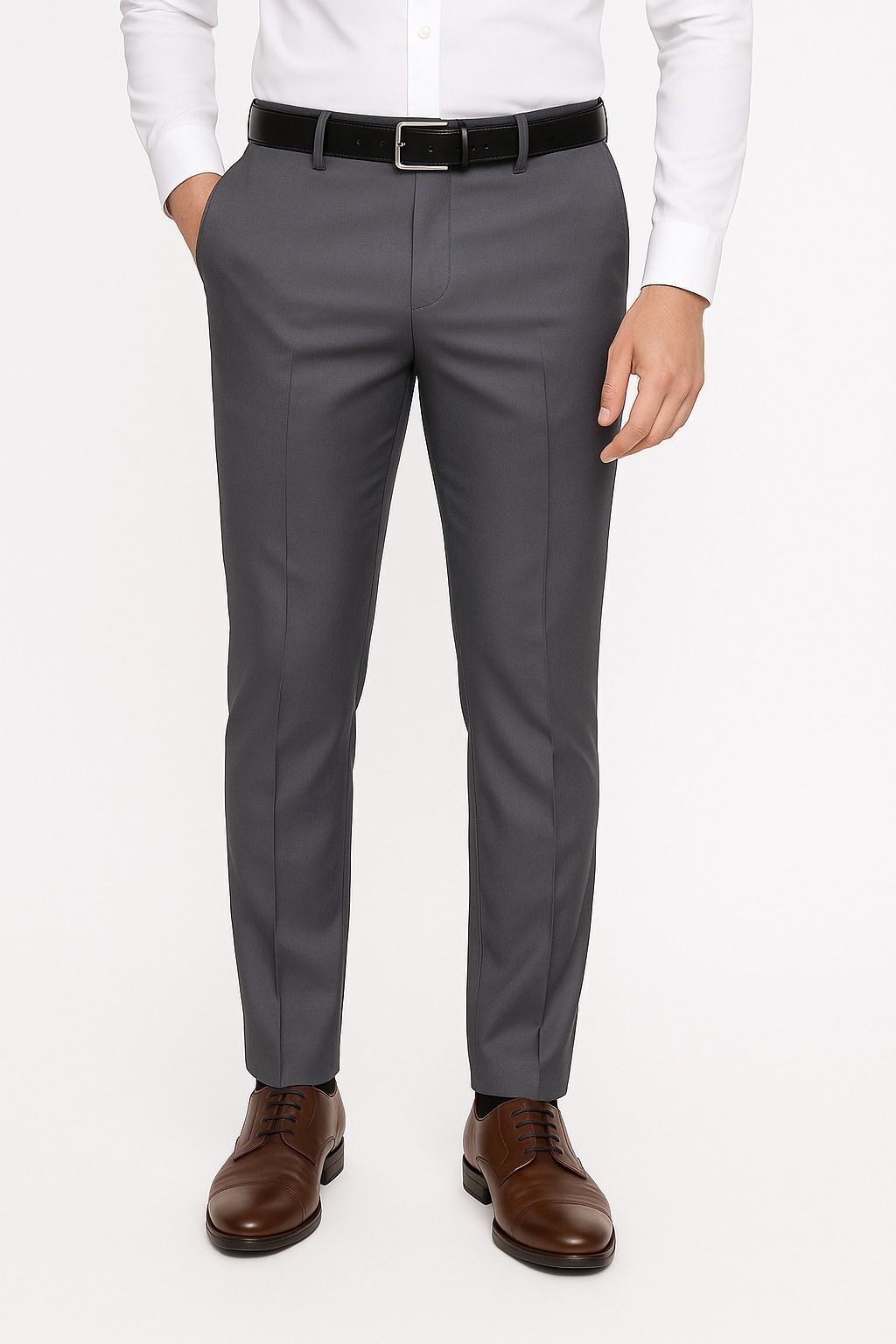 Men Slim Fit Grey Cotton Blend Trousers-image-43