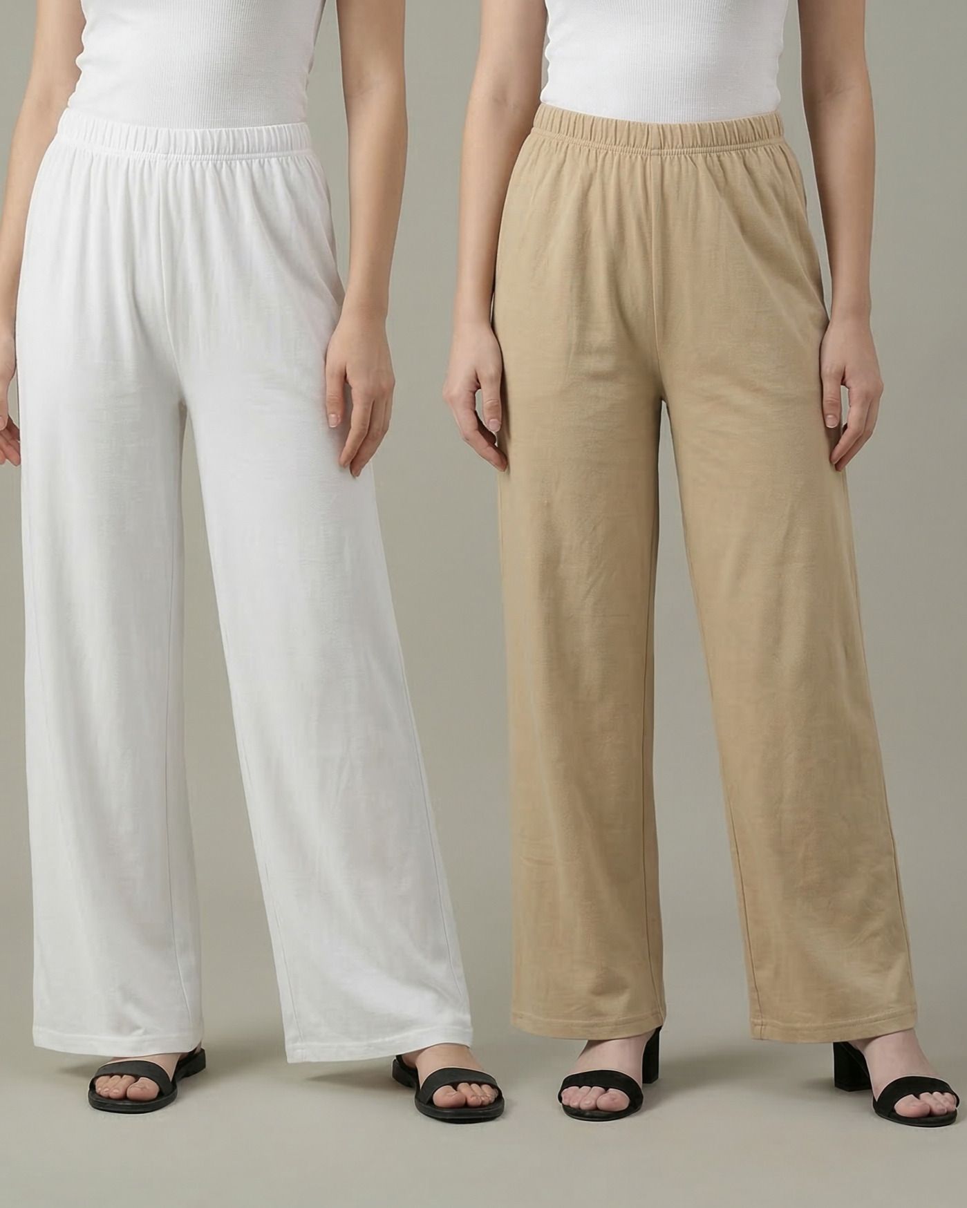 Pack of 2 Women Loose Fit White, Beige Cotton Blend Trousers-image-33