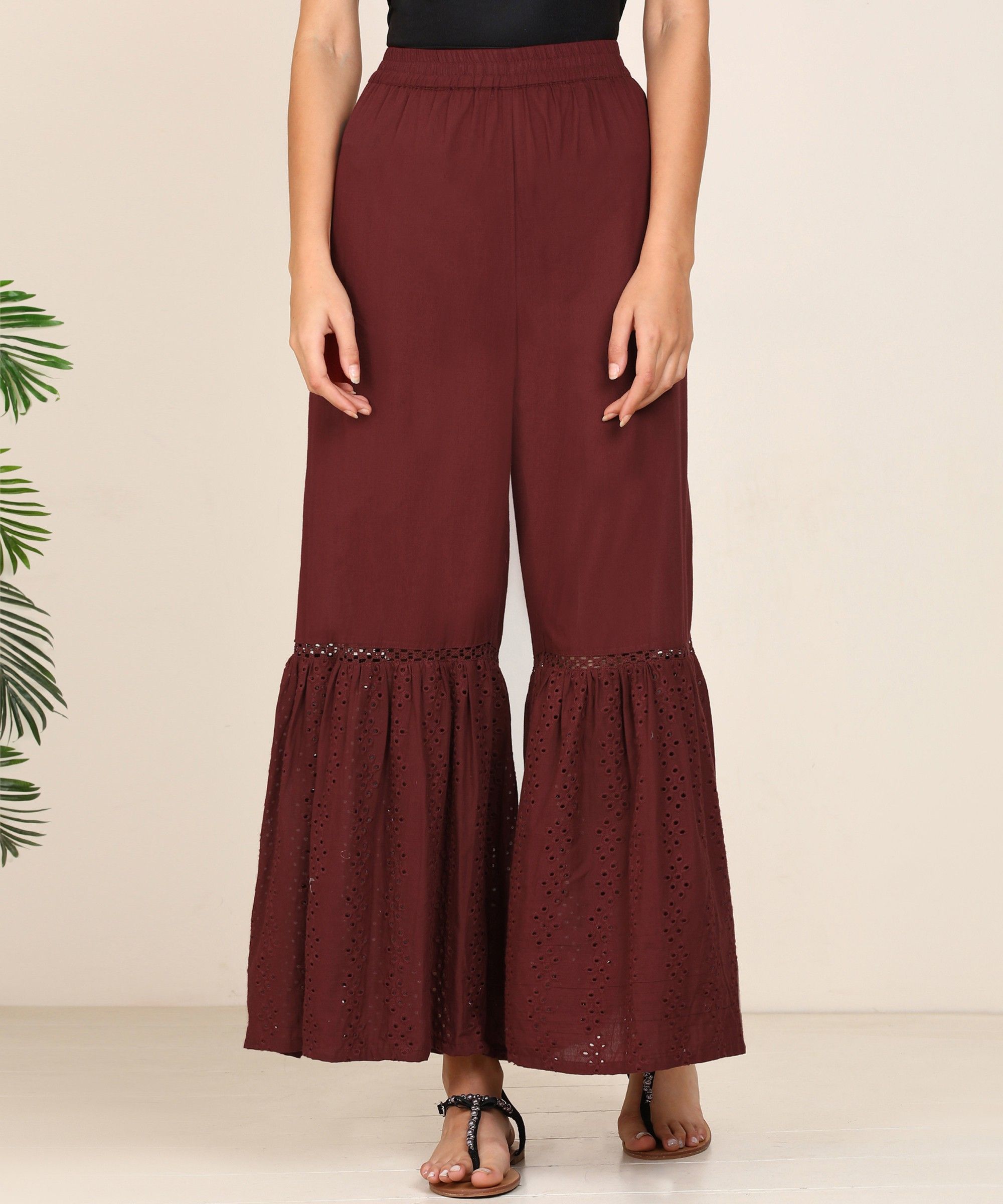 Women Flared Maroon Pure Cotton Trousers