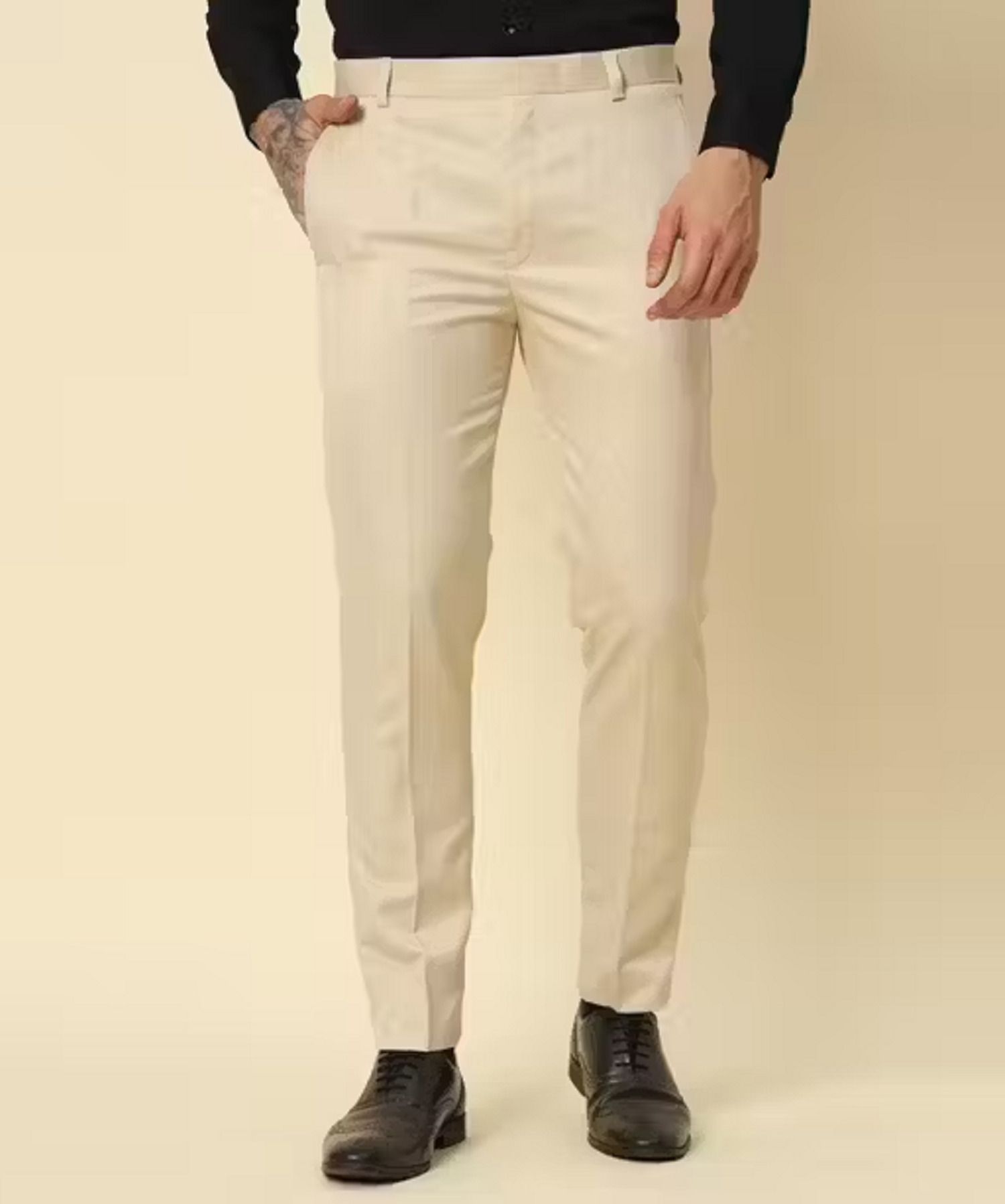 Men Slim Fit Cream Polycotton Trousers-image-18