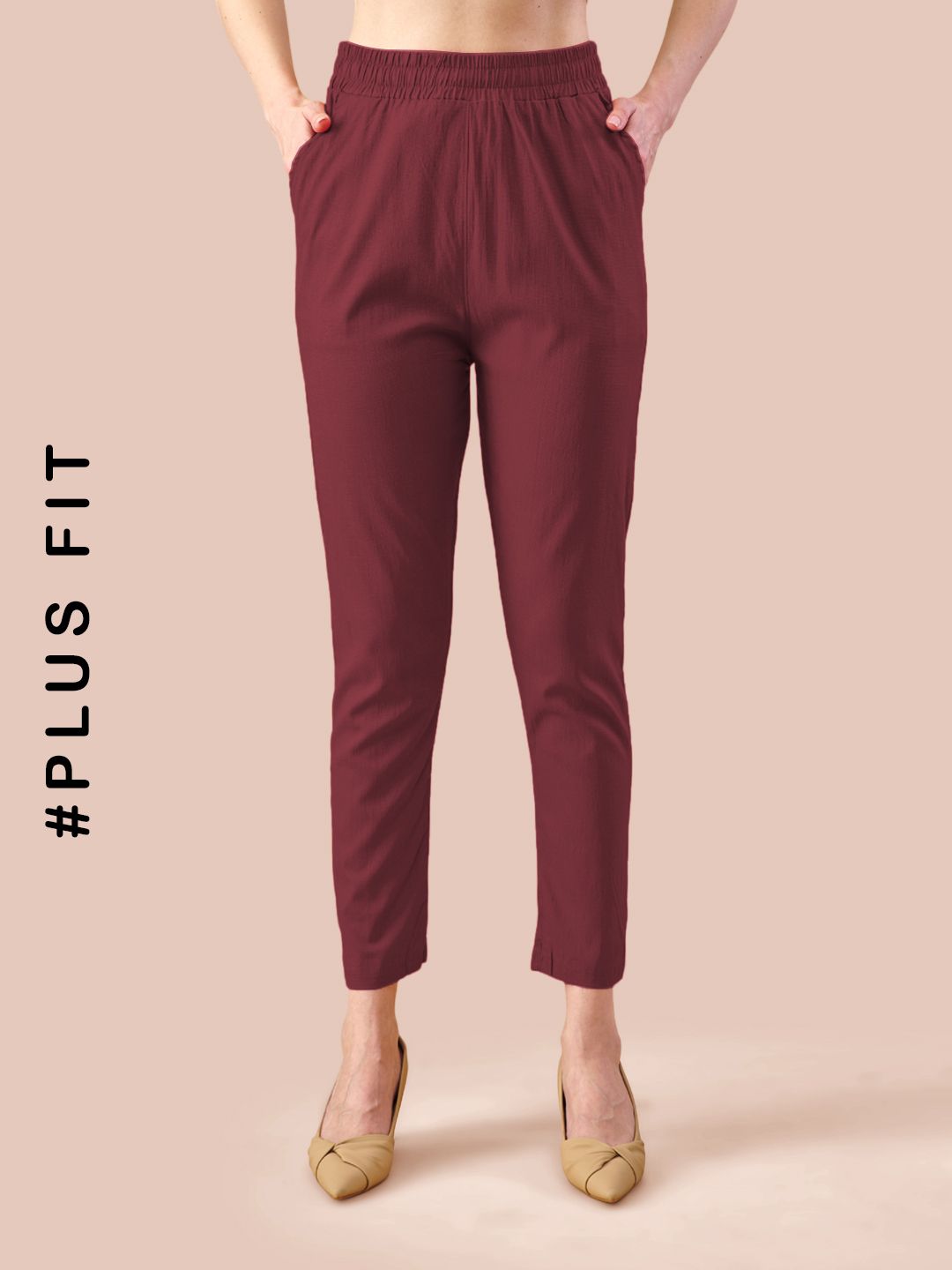 Women Regular Fit Maroon Cotton Blend Trousers-image-4