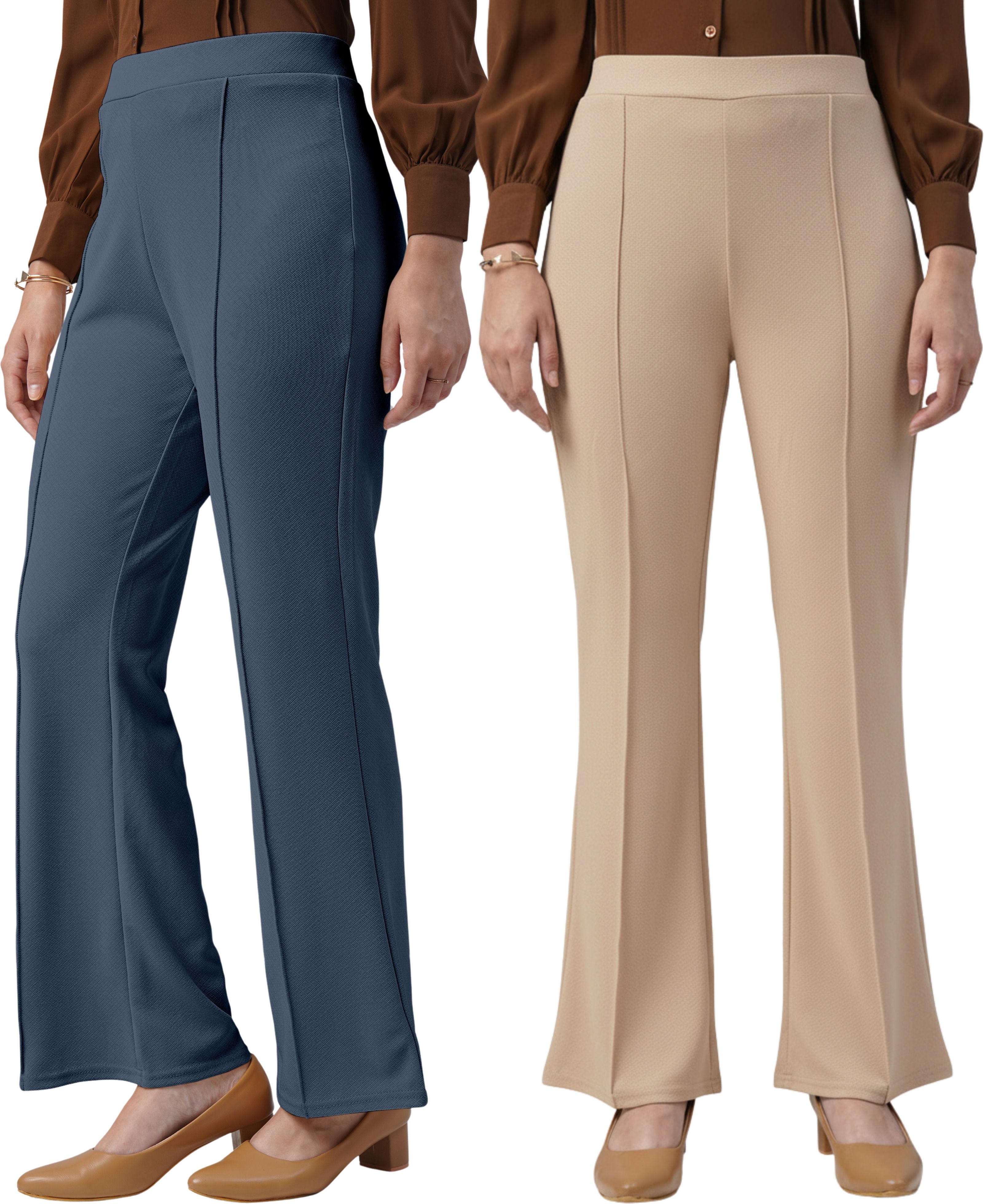 fuback Pack of 2 Women Regular Fit Grey, Beige Lycra Blend Trousers-picture-14