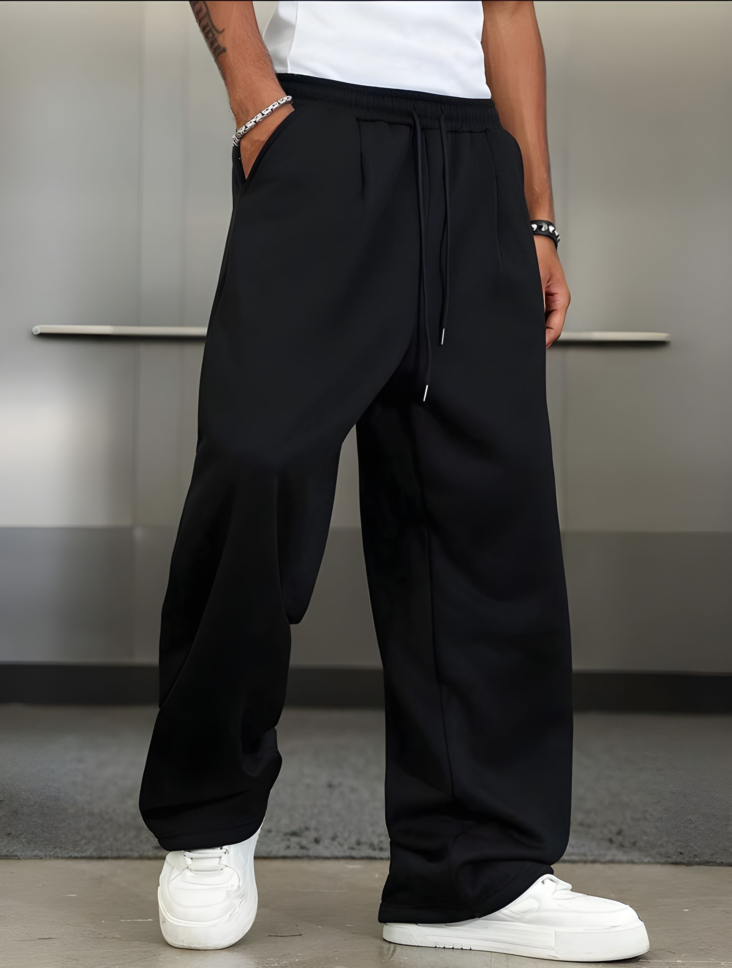 Men Loose Fit Black Cotton Blend Trousers