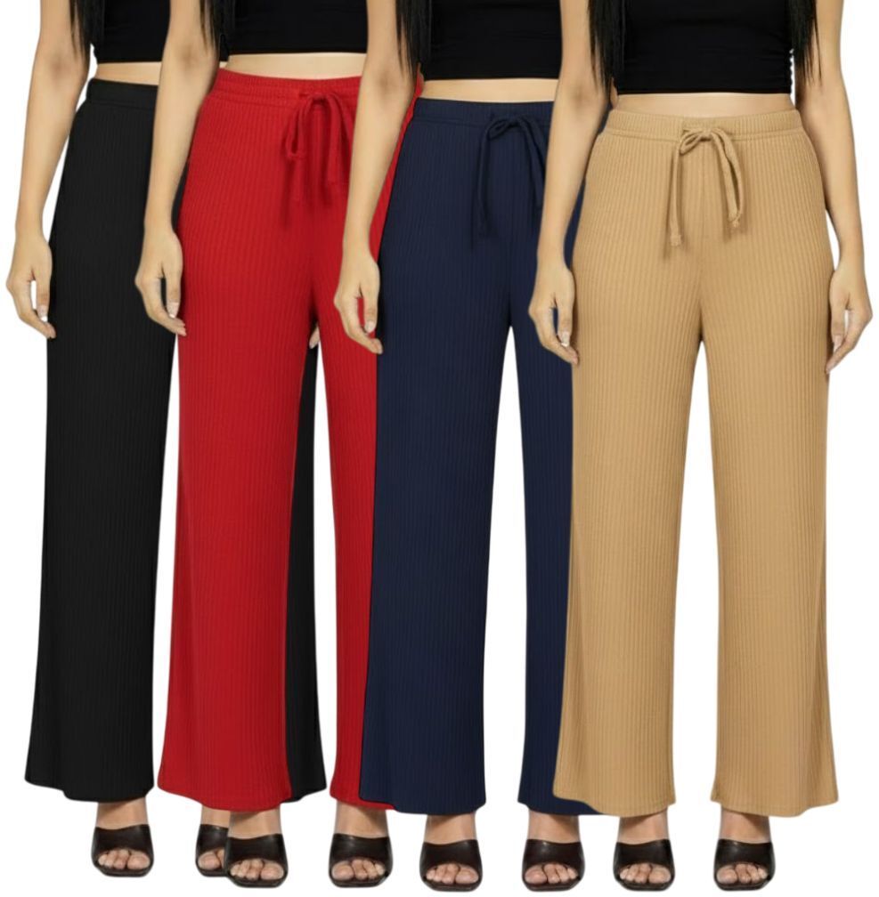 Pack of 4 Women Relaxed Multicolor Cotton Blend Trousers-image-49