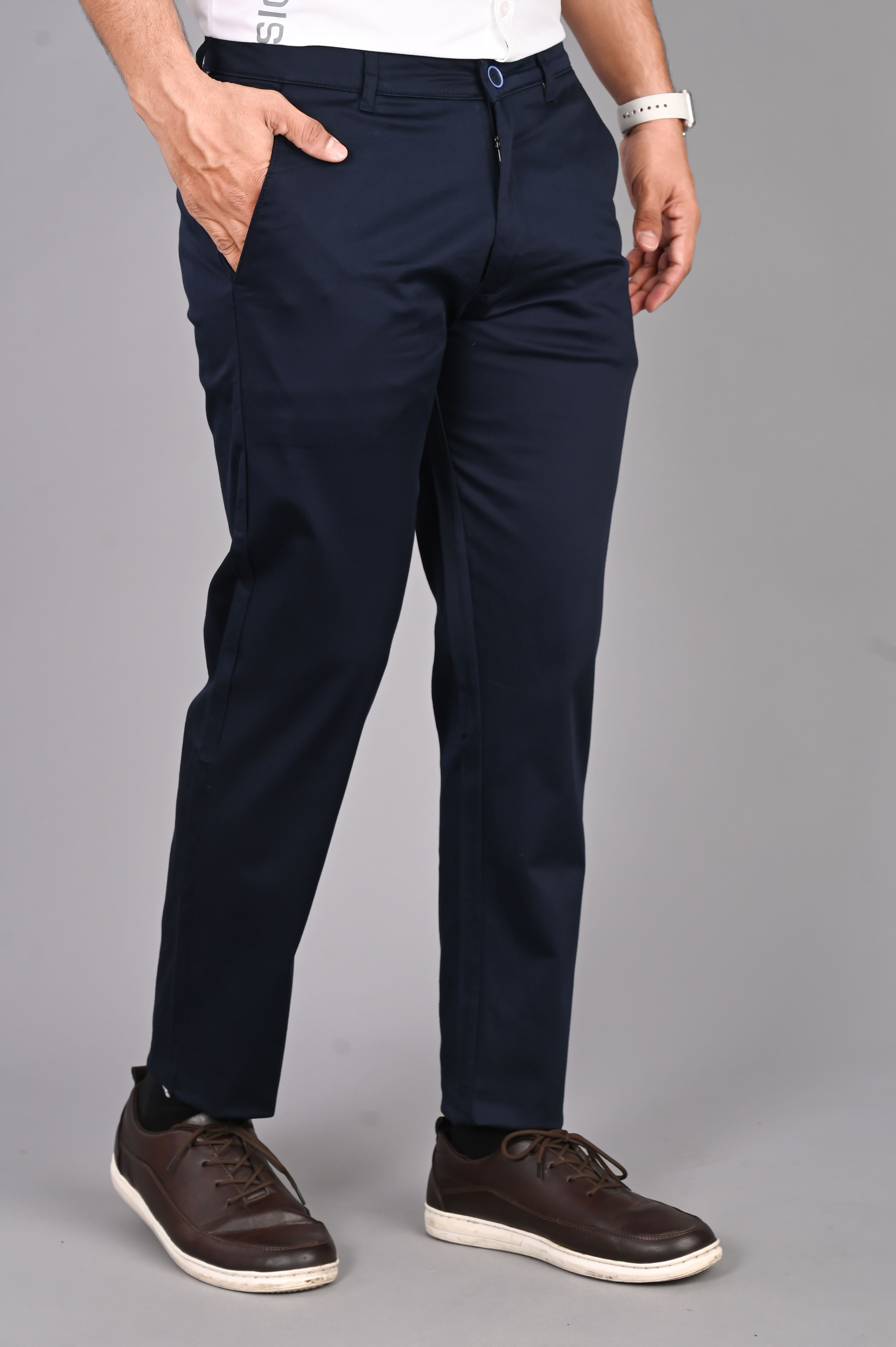 Men Slim Fit Blue Cotton Blend Trousers