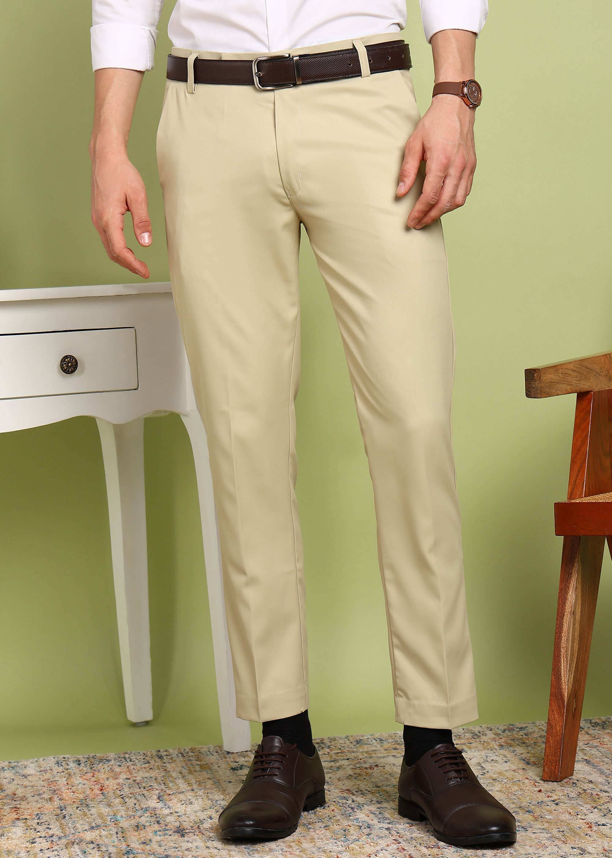 Men Regular Fit Beige Cotton Blend Trousers-image-45