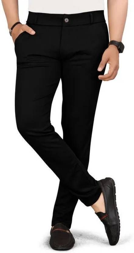 Men Slim Fit Black Lycra Blend Trousers