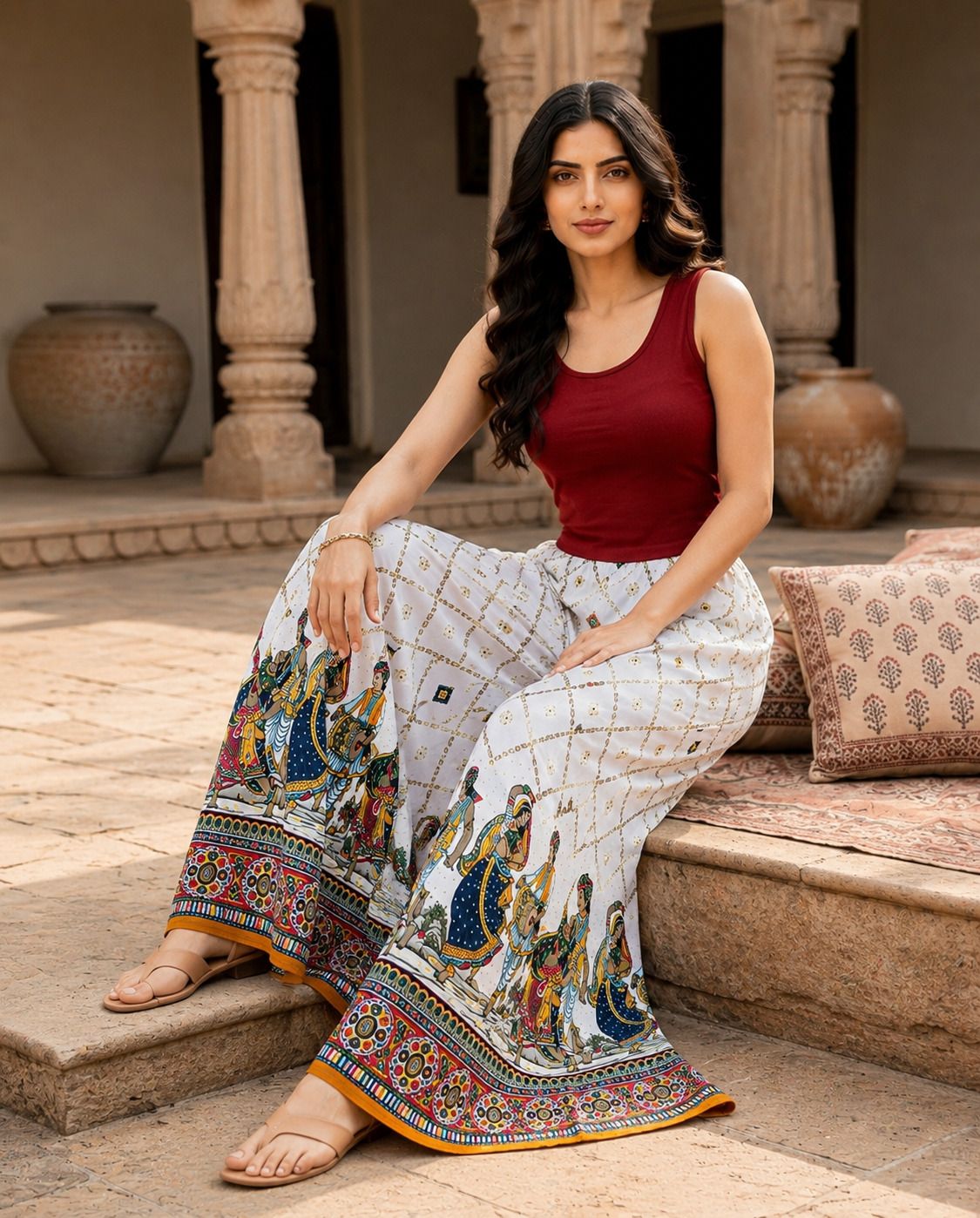 Women Loose Fit, Flared White Viscose Rayon Trousers-image-14