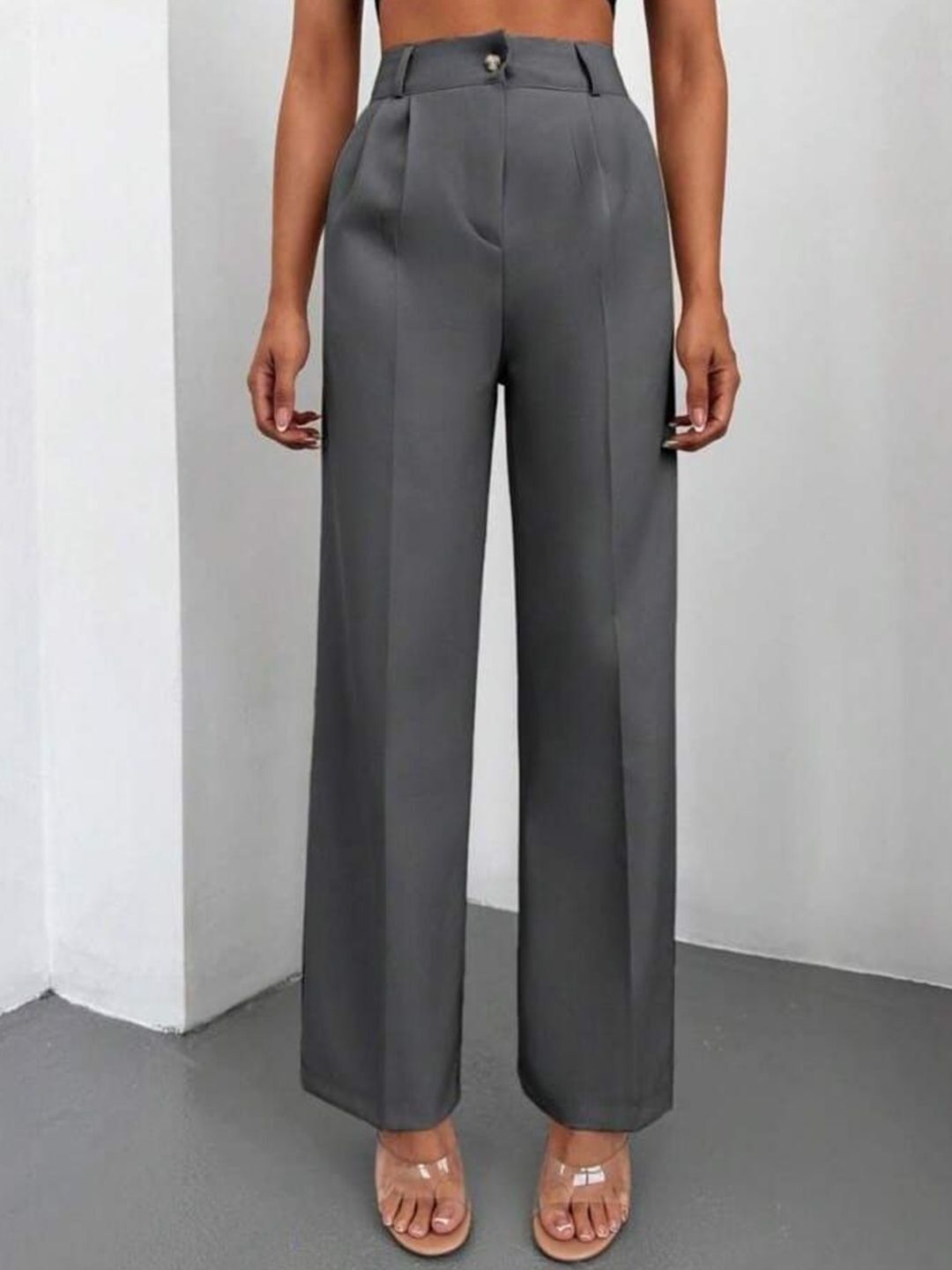 Women Straight Fit Grey Polyester Trousers-image-37
