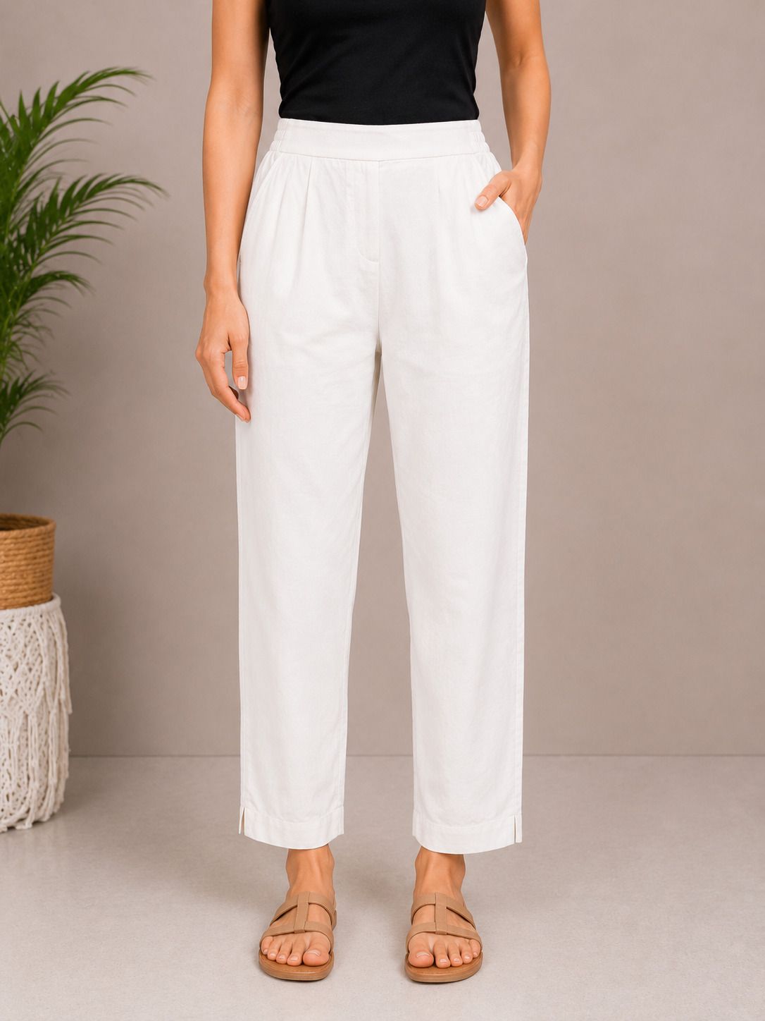 Women Straight Fit White Pure Cotton Trousers-image-24