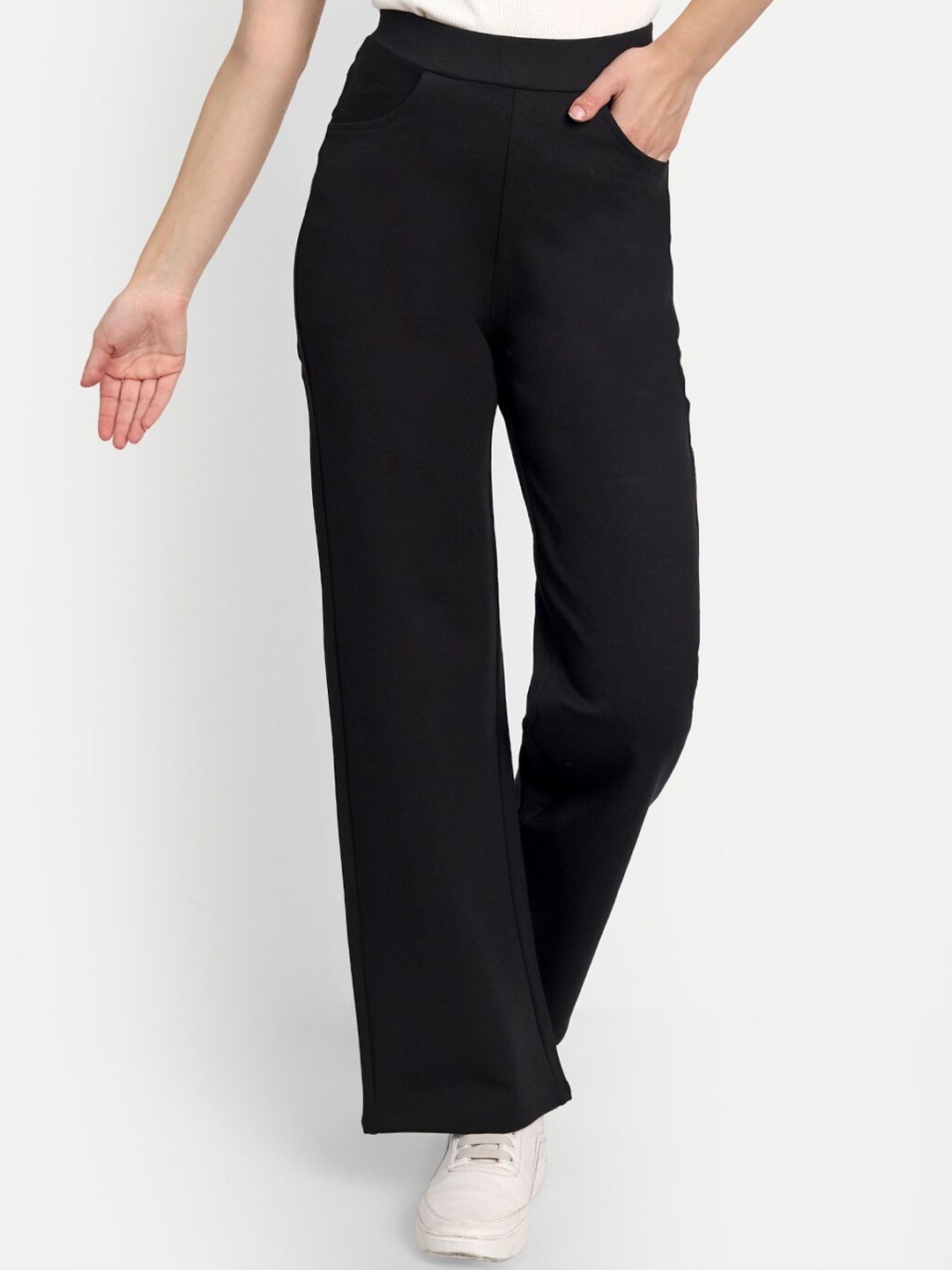 Women Straight Fit Black Lycra Blend Trousers-image-6