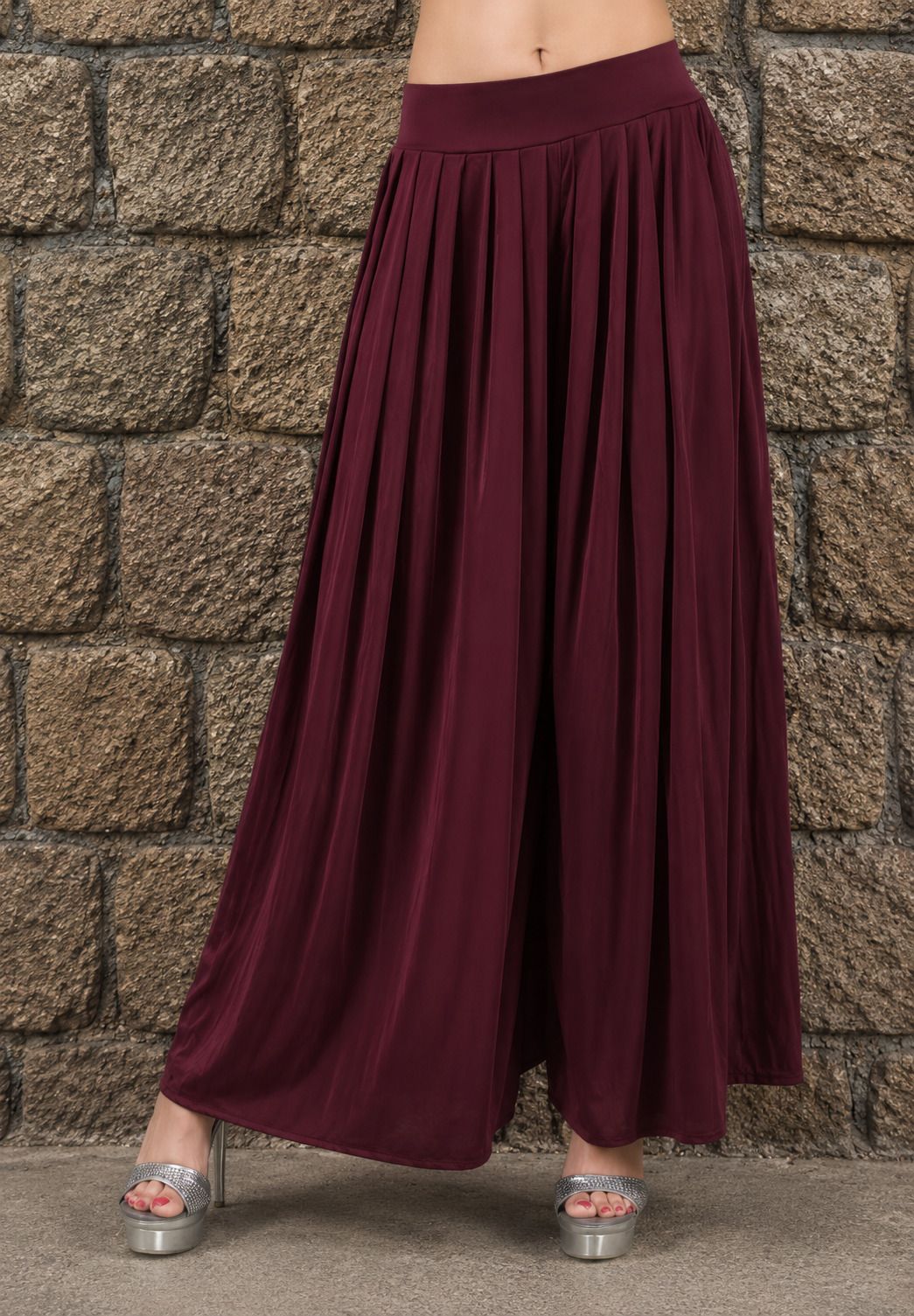 Women Flared Maroon Lycra Blend Trousers-image-32