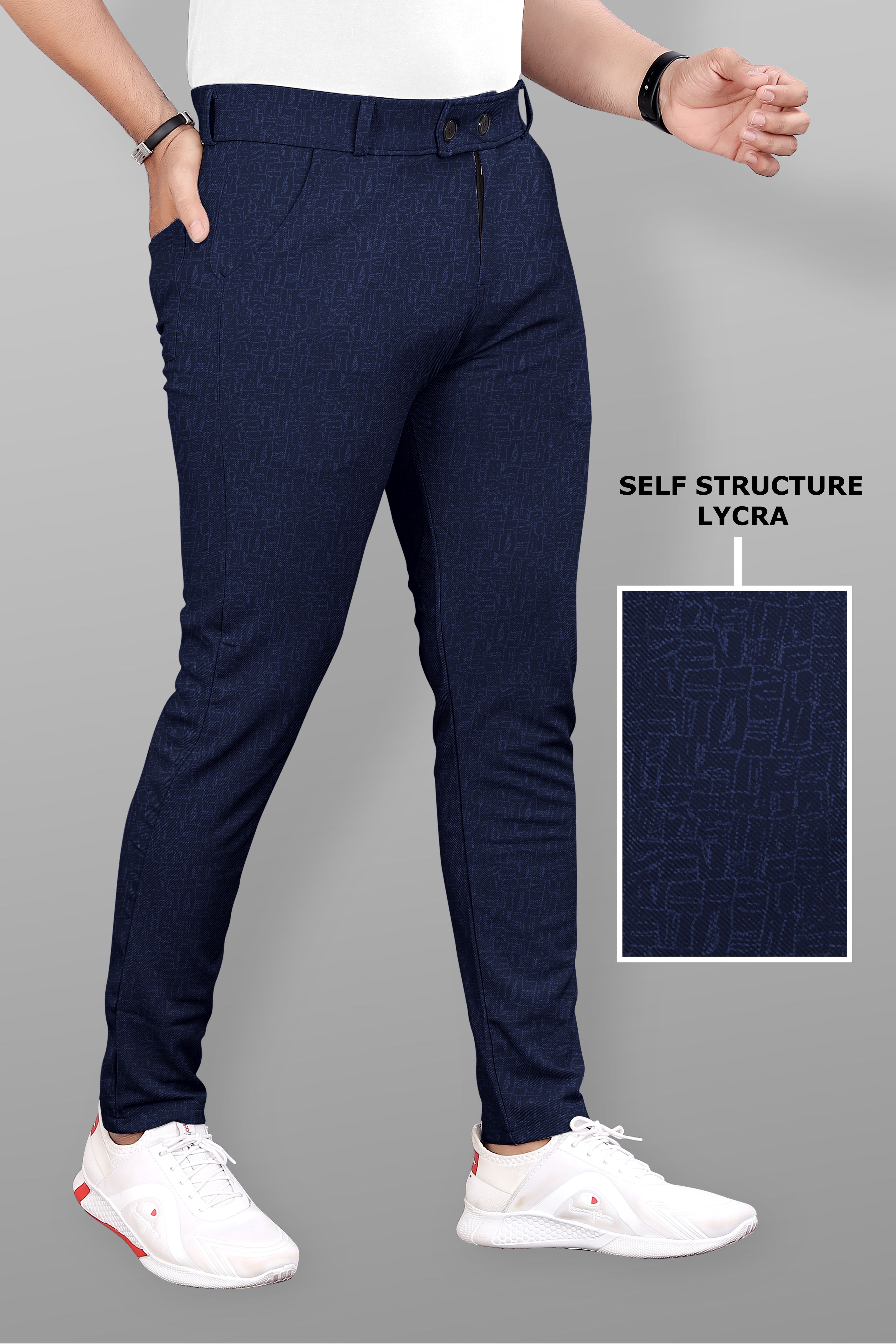 Men Slim Fit Blue Lycra Blend Trousers
