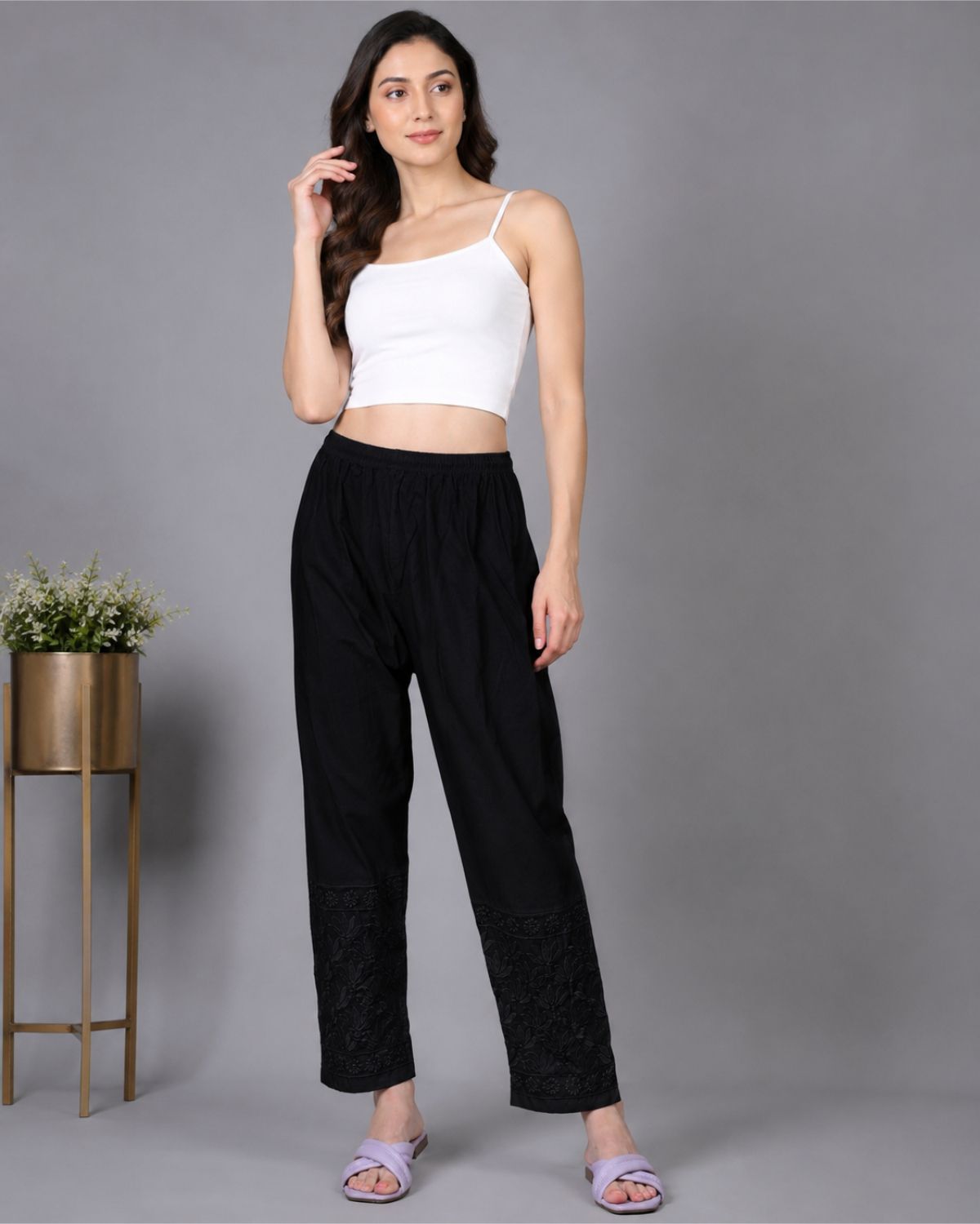 srisaras Women Relaxed Black Cotton Blend Trousers-picture-15