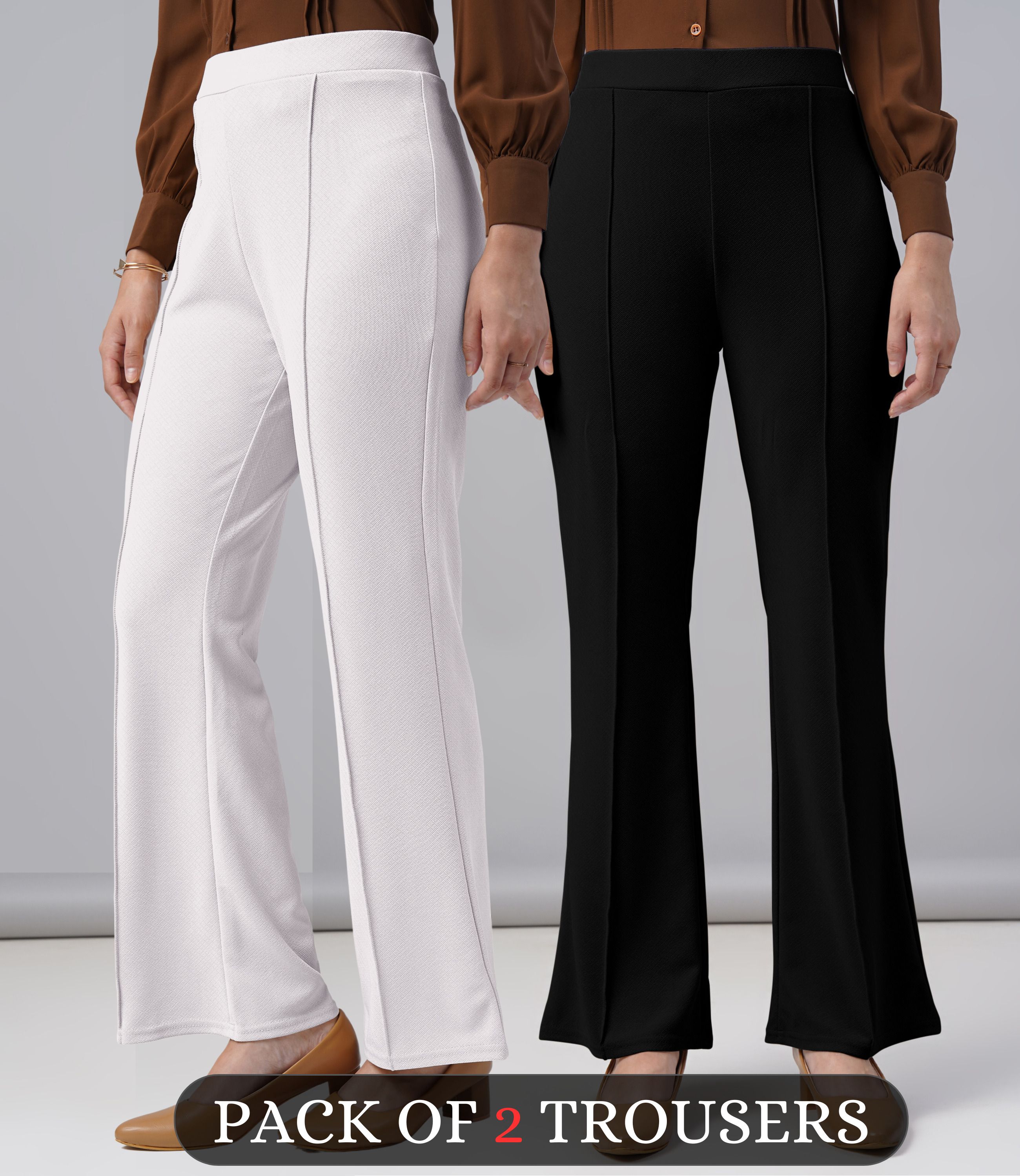 fuback Pack of 2 Women Regular Fit White, Black Lycra Blend Trousers-picture-26