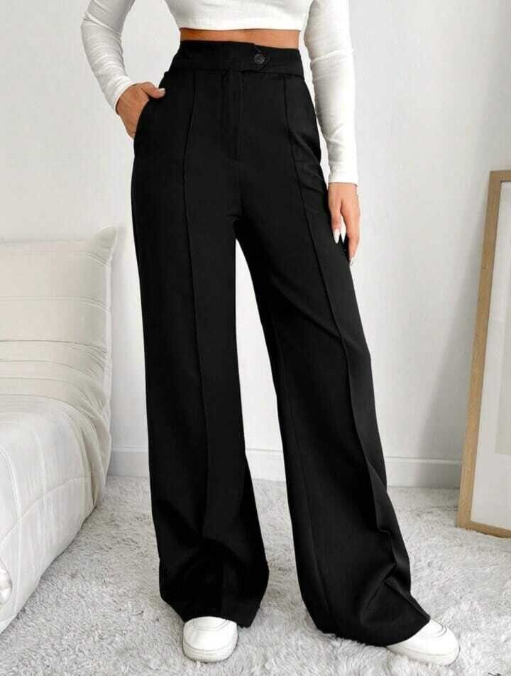 Women Straight Fit Black Polyester Trousers-image-5