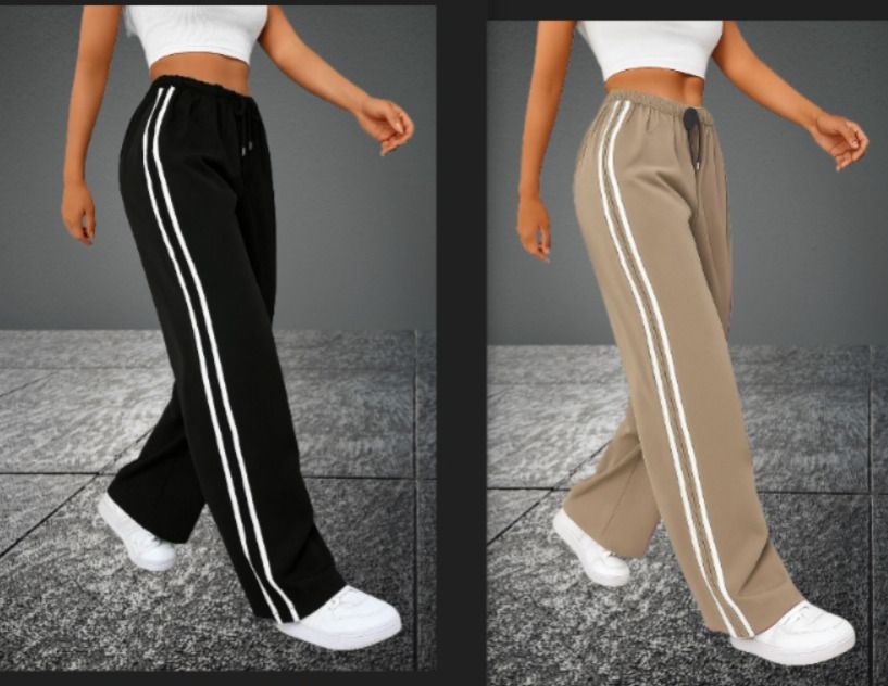 Pack of 2 Women Solid, Striped Black, Beige Track Pants