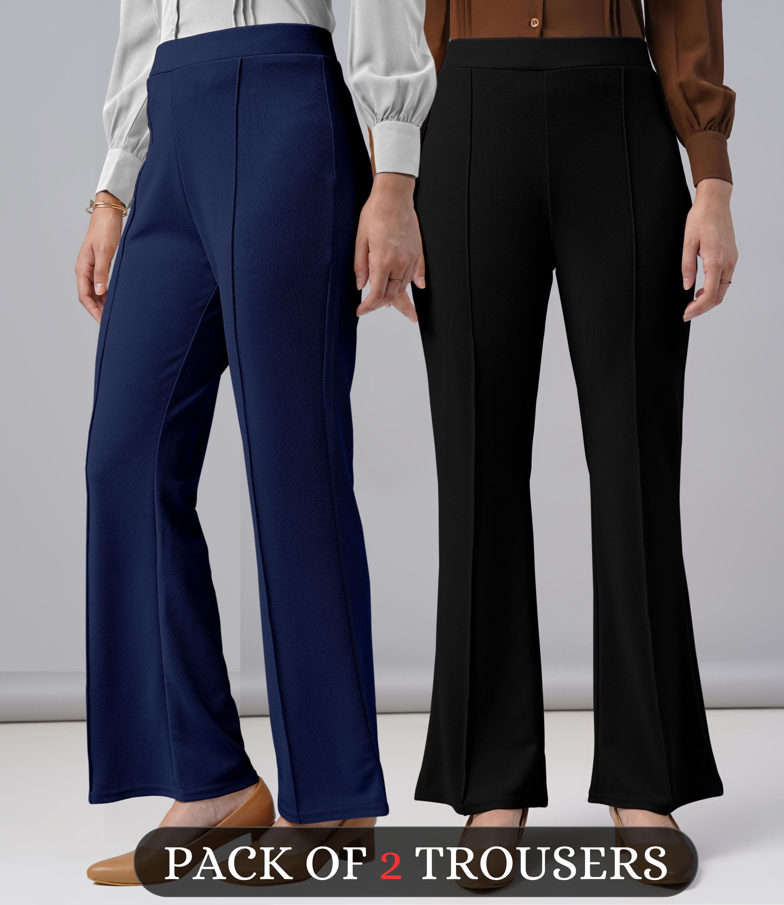 fuback Pack of 2 Women Regular Fit Blue, Black Lycra Blend Trousers-picture-20